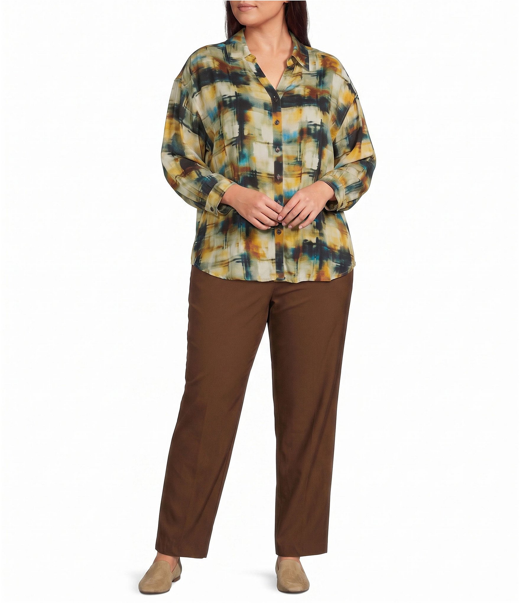 Allison Daley Plus Size Multi Check 3/4 Sleeve Button Front Point Collar Blouse