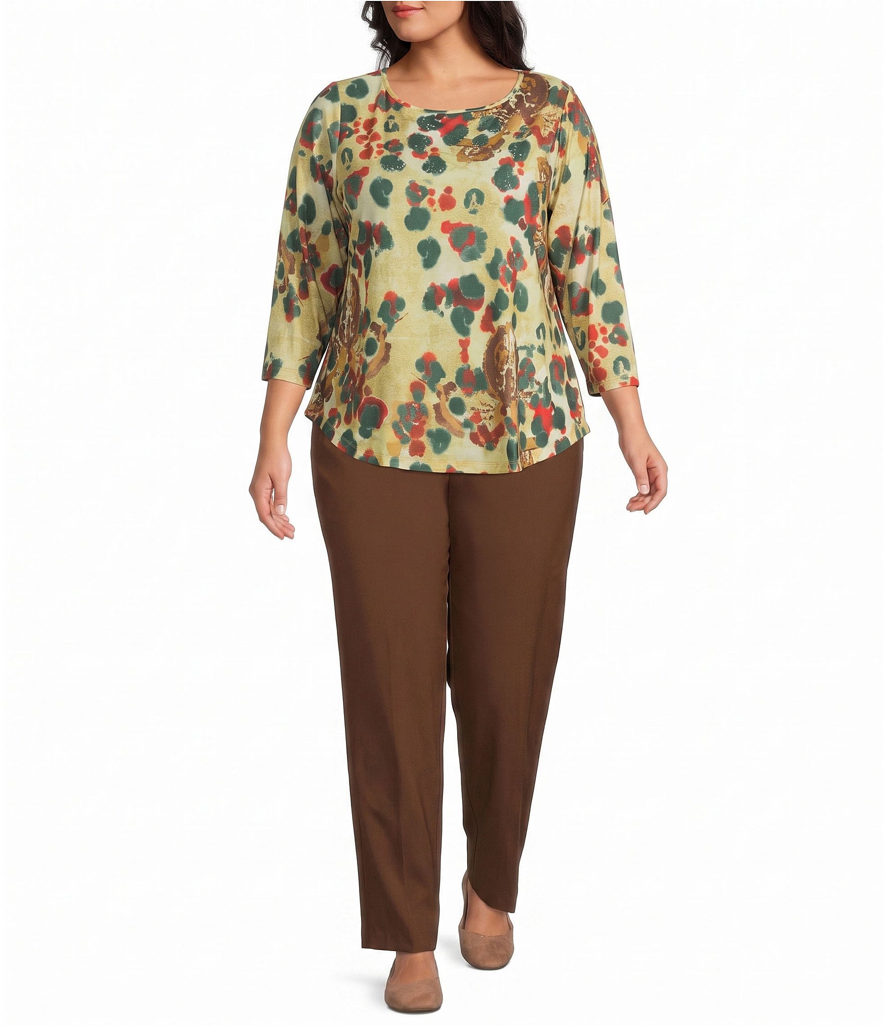 Allison Daley Plus Size Multi Spot 3/4 Sleeve Boat Neck Knit Top