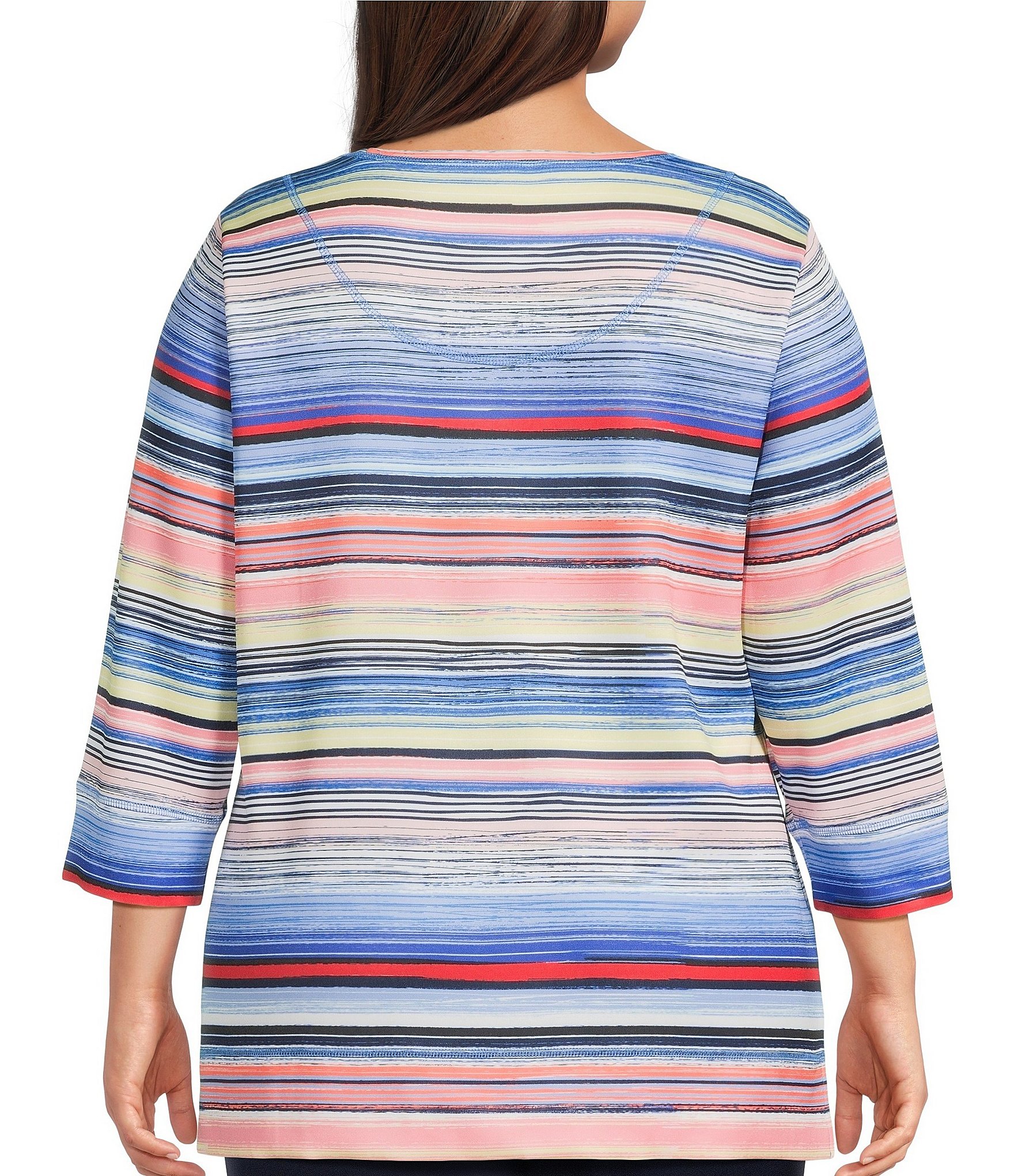 Allison Daley Plus Size Multi Stripe 3/4 Sleeve Crew Neck Scuba Knit Embellished Top