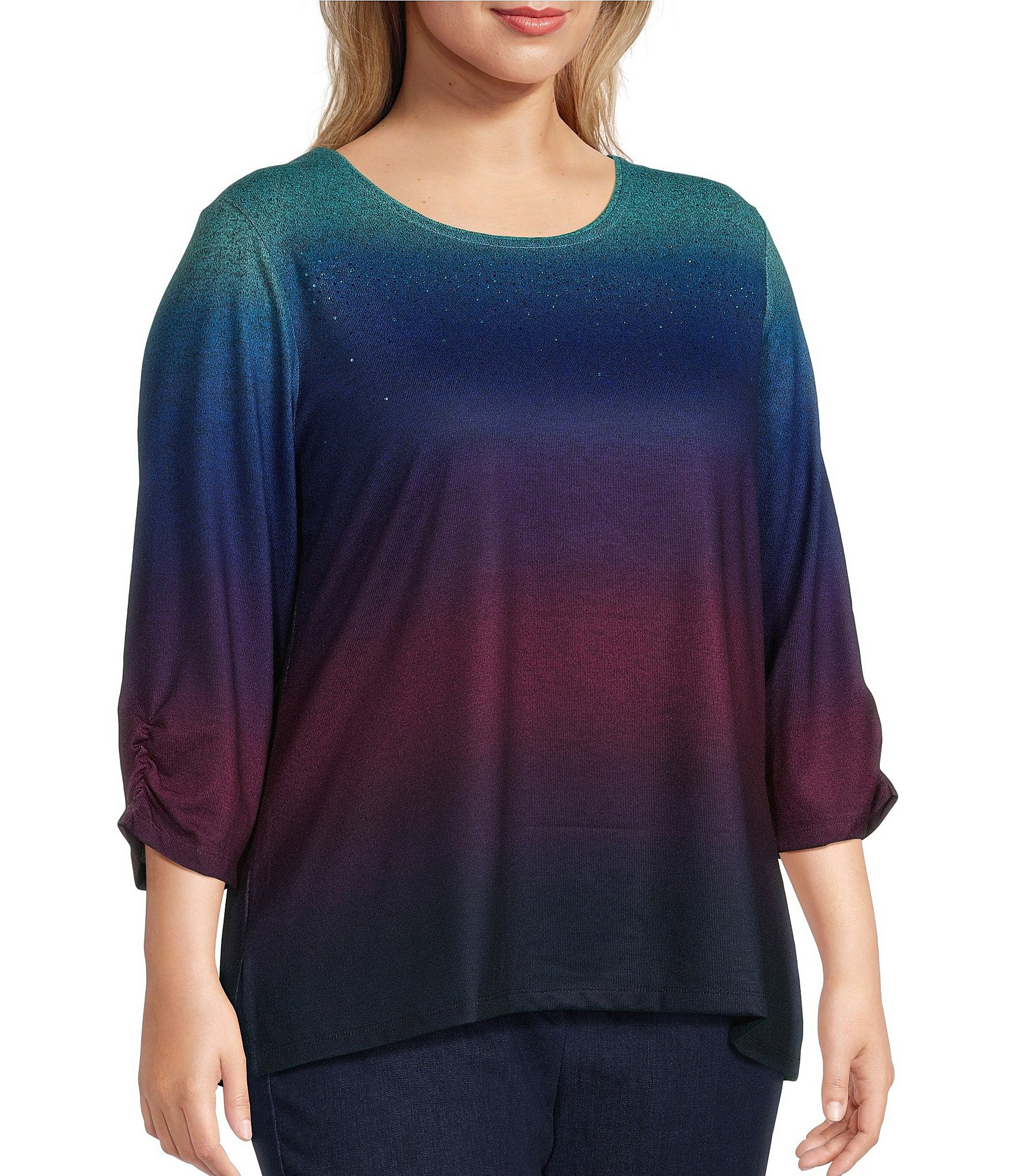 Allison Daley Plus Size Ombre Print Embellished 3/4 Ruched Sleeve Crew Neck Abstract Tee