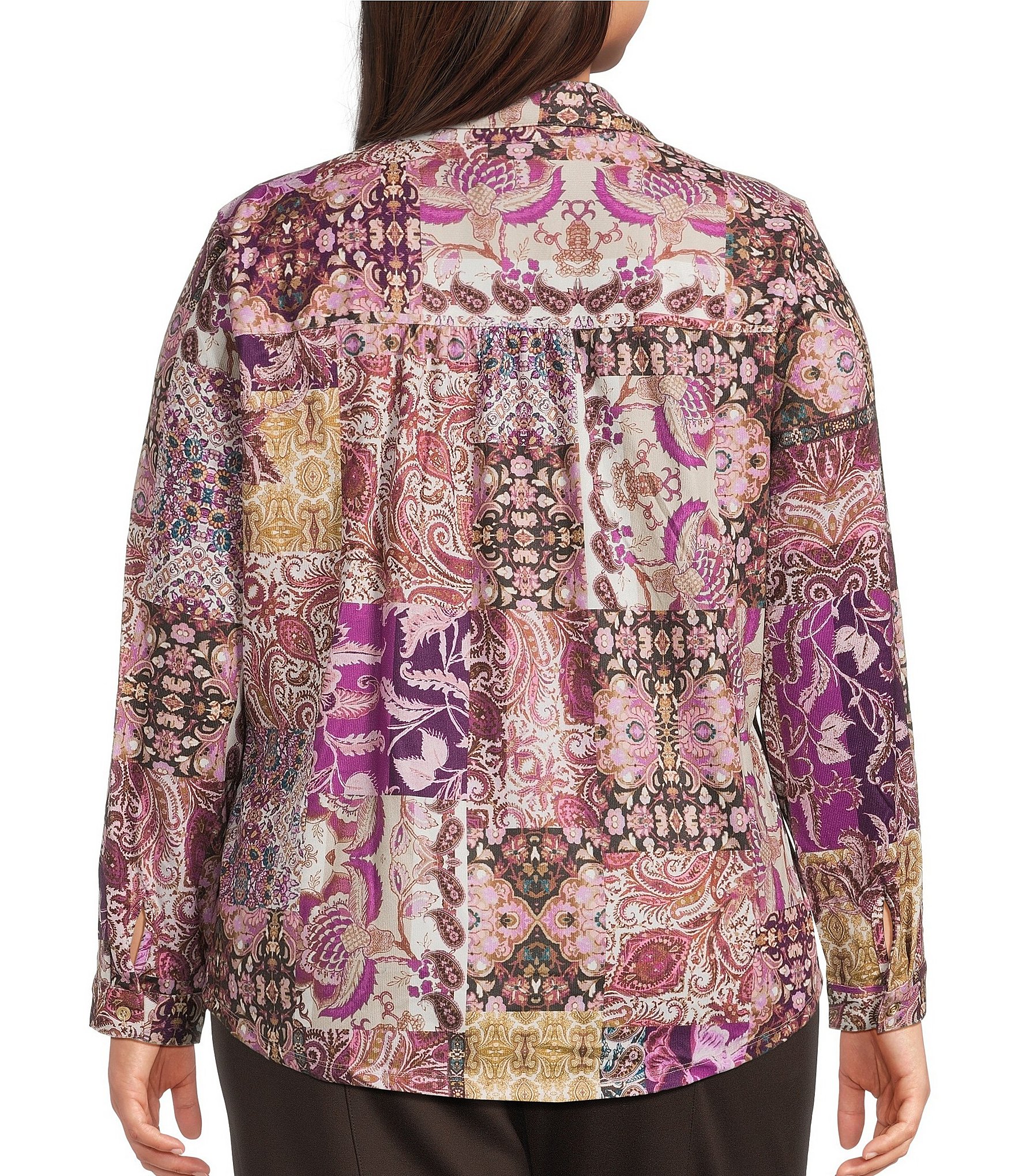 Allison Daley Plus Size Patchwork Long Sleeve Point Collar Button Front Top