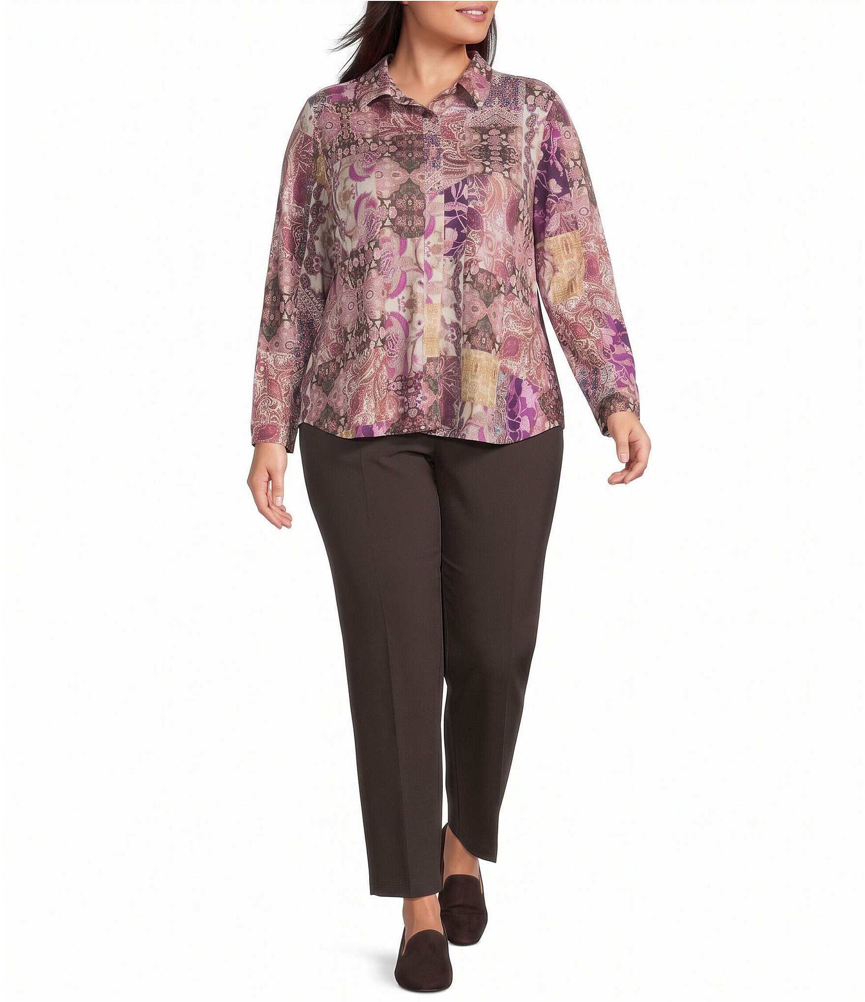 Allison Daley Plus Size Patchwork Long Sleeve Point Collar Button Front Top