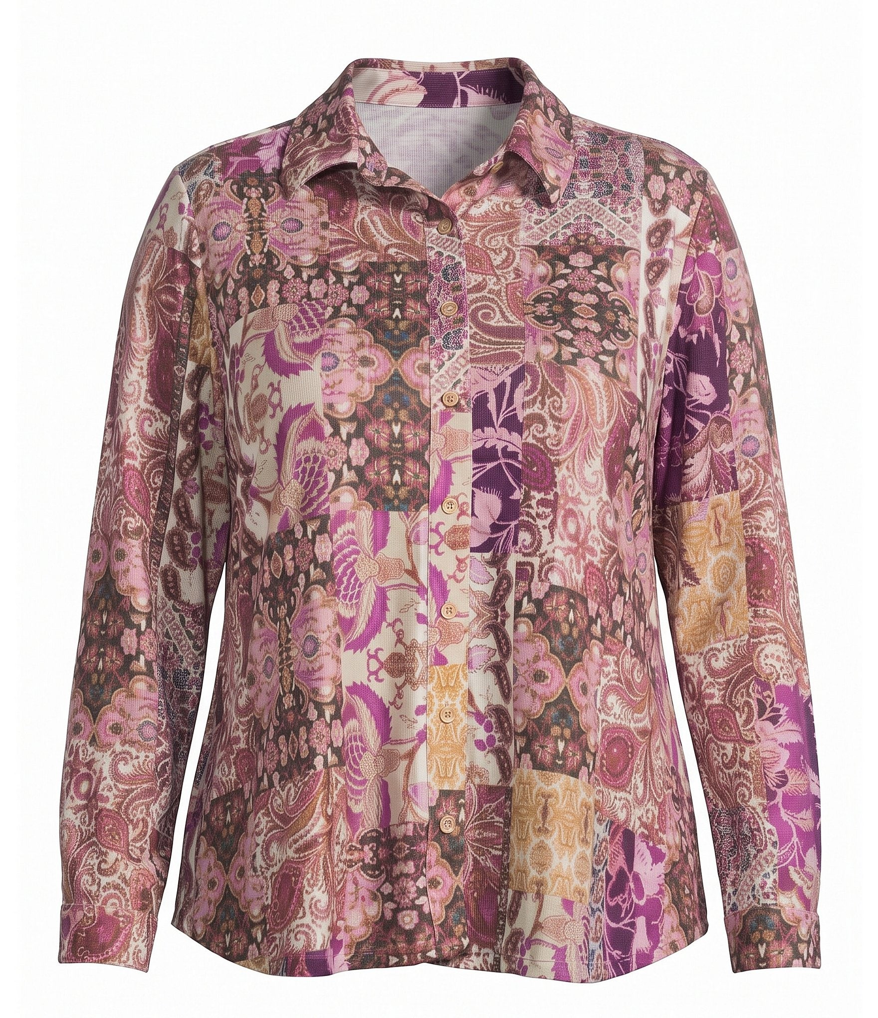 Allison Daley Plus Size Patchwork Long Sleeve Point Collar Button Front Top