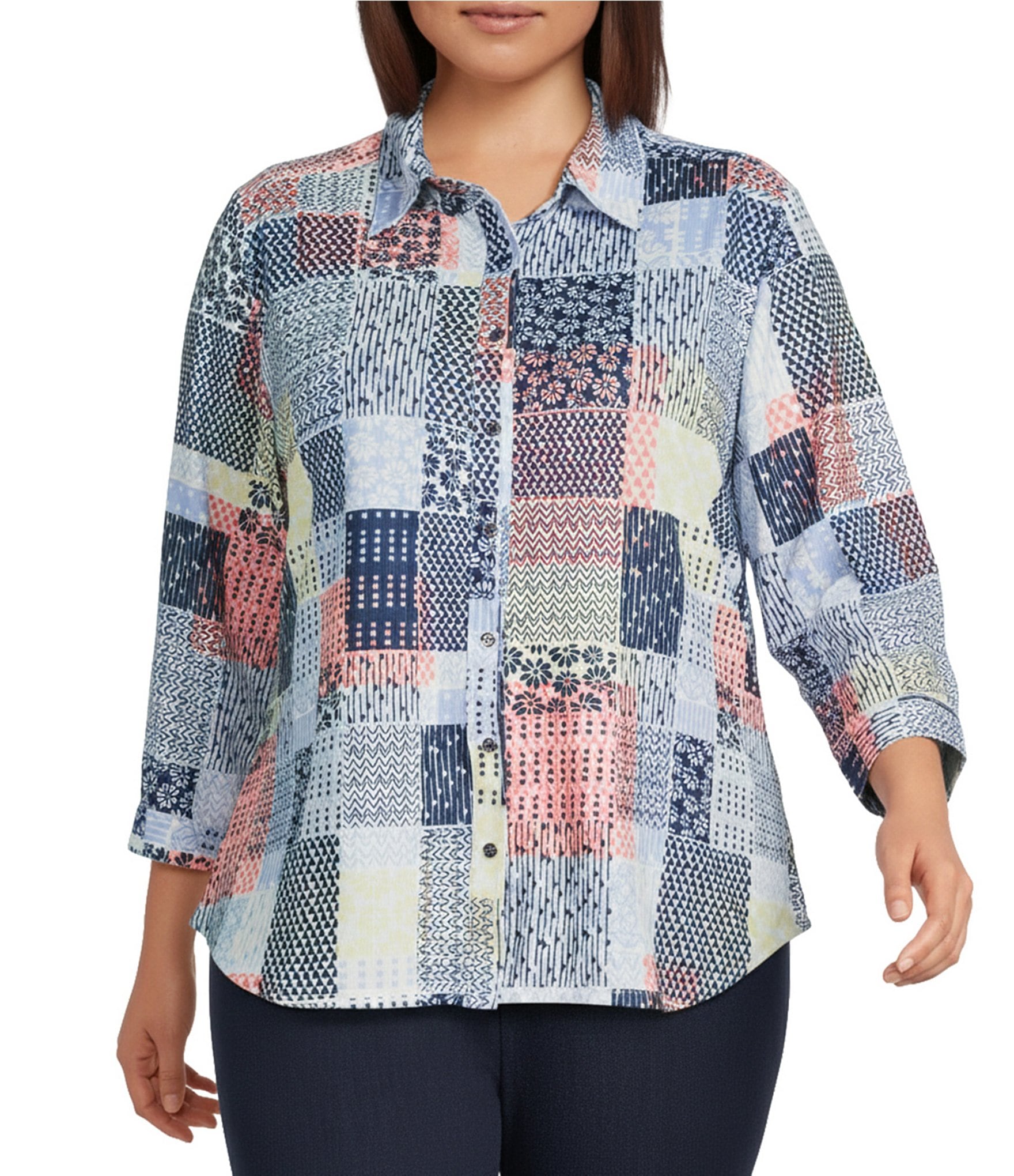Allison Daley Plus Size Patchwork Print 3/4 Sleeve Point Collar Button Front Shirt