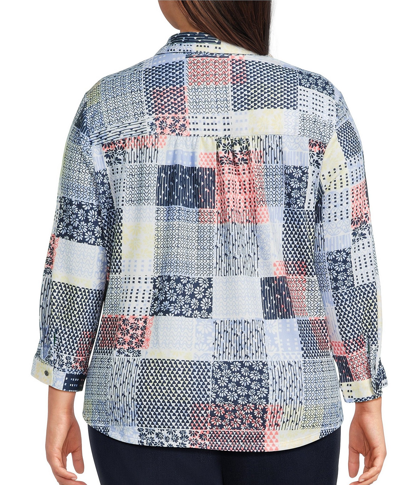 Allison Daley Plus Size Patchwork Print 3/4 Sleeve Point Collar Button Front Shirt