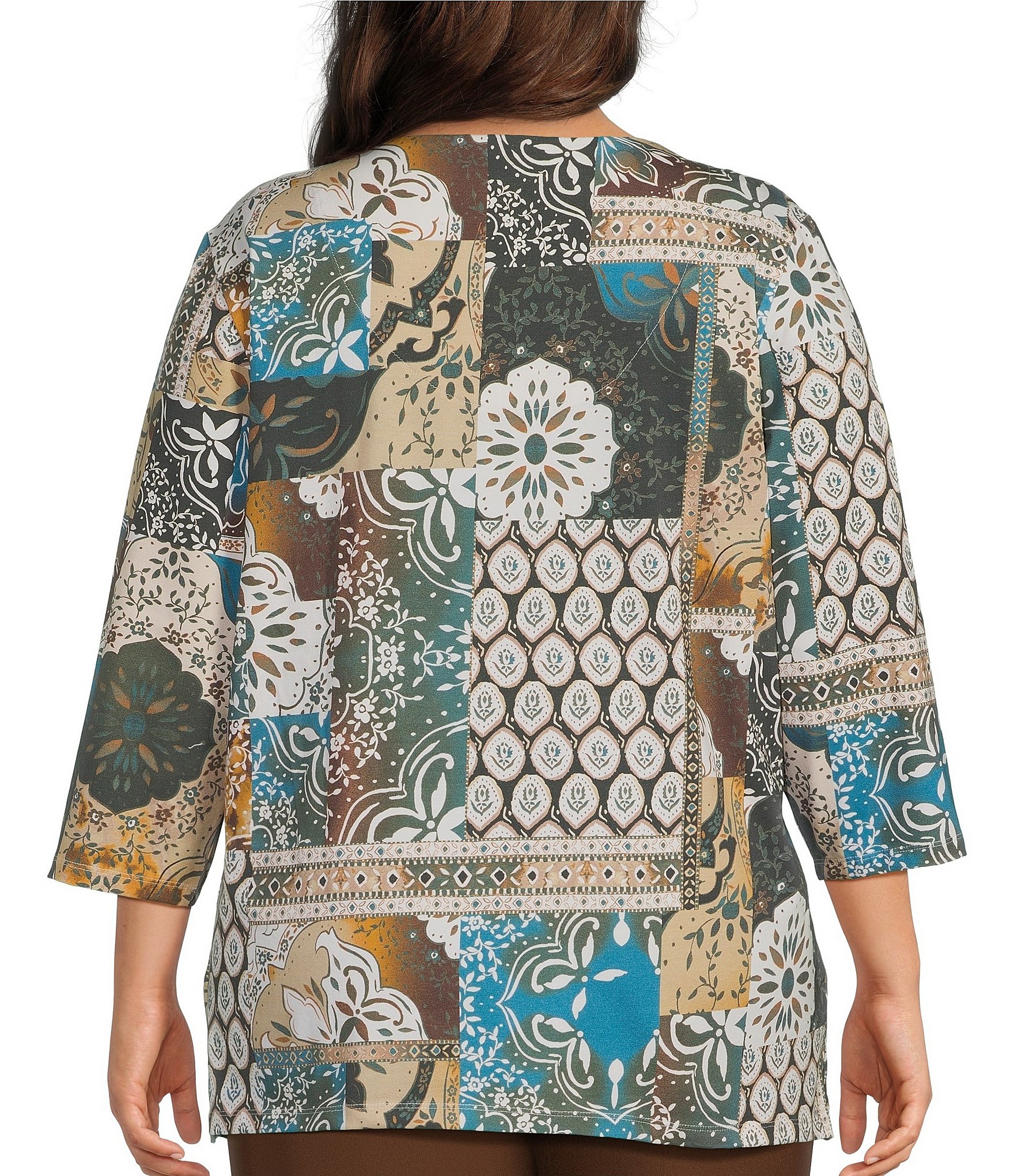 Allison Daley Plus Size Patchwork Print 3/4 Sleeve V-Neck Embellished Top
