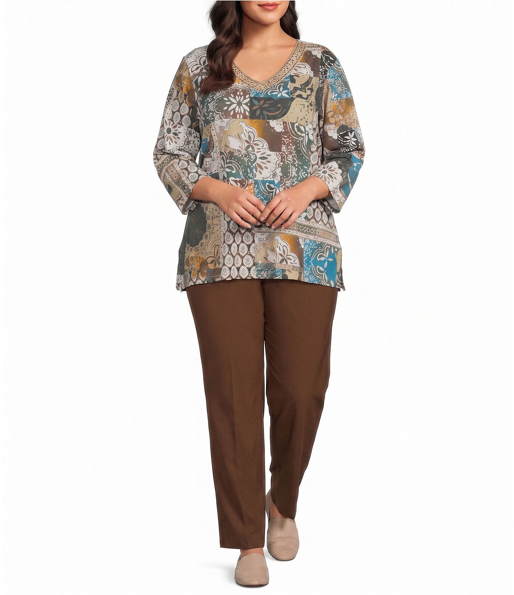 Allison Daley Plus Size Patchwork Print 3/4 Sleeve V-Neck Embellished Top