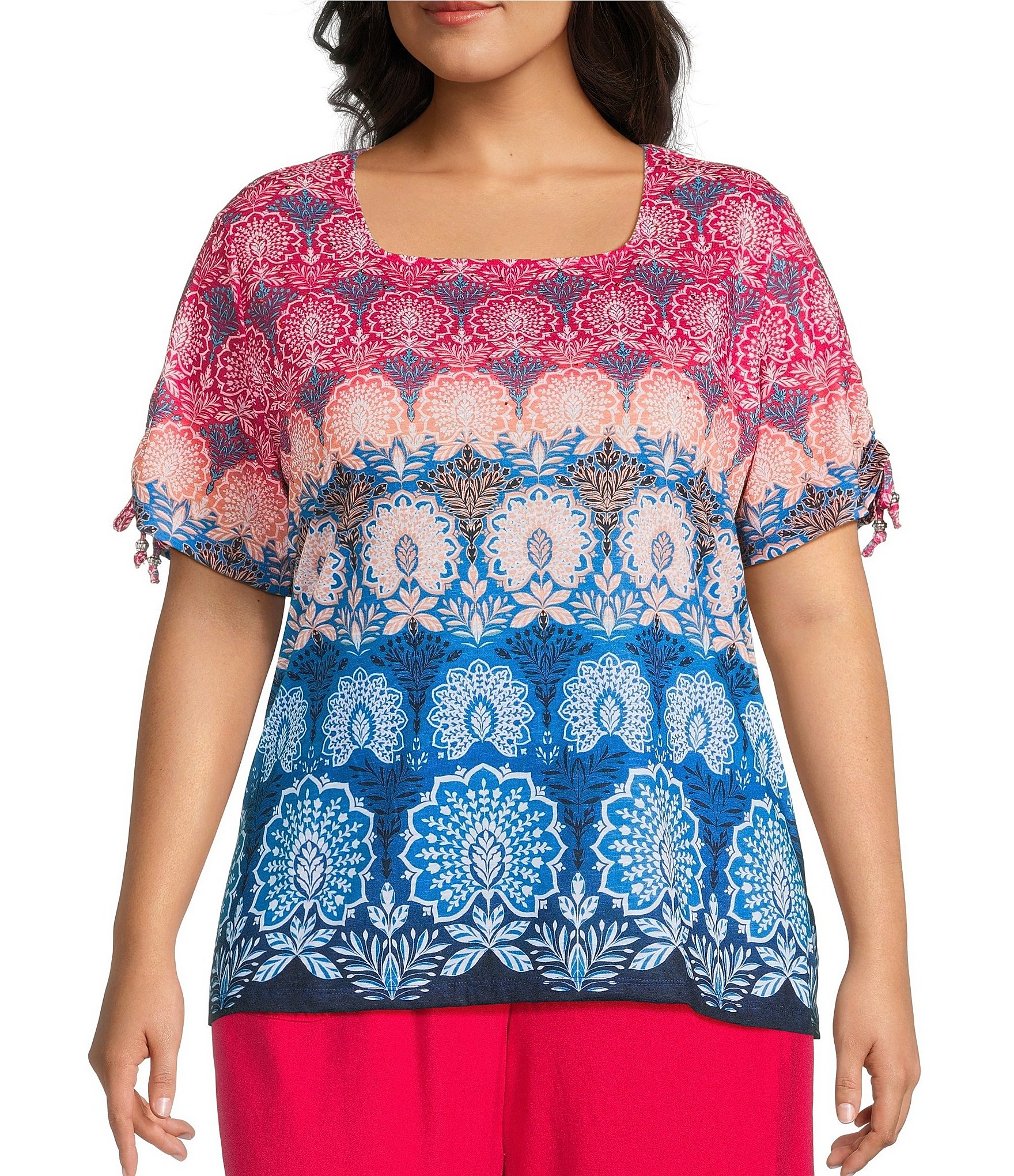 Allison Daley Plus Size Pomegranate Damask Floral Border Print Short Ruched Tie Sleeve Square Neck Knit Top