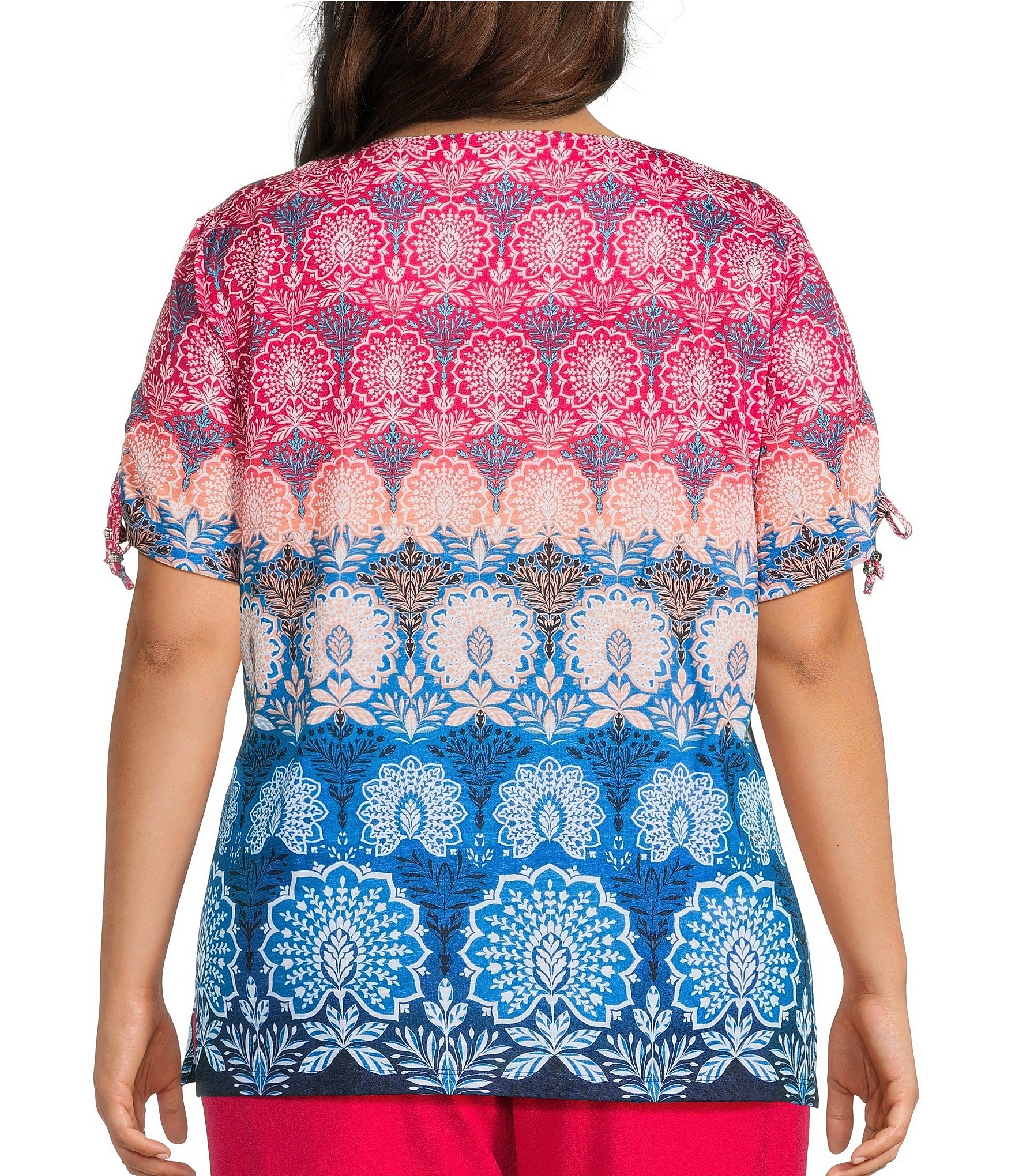 Allison Daley Plus Size Pomegranate Damask Floral Border Print Short Ruched Tie Sleeve Square Neck Knit Top