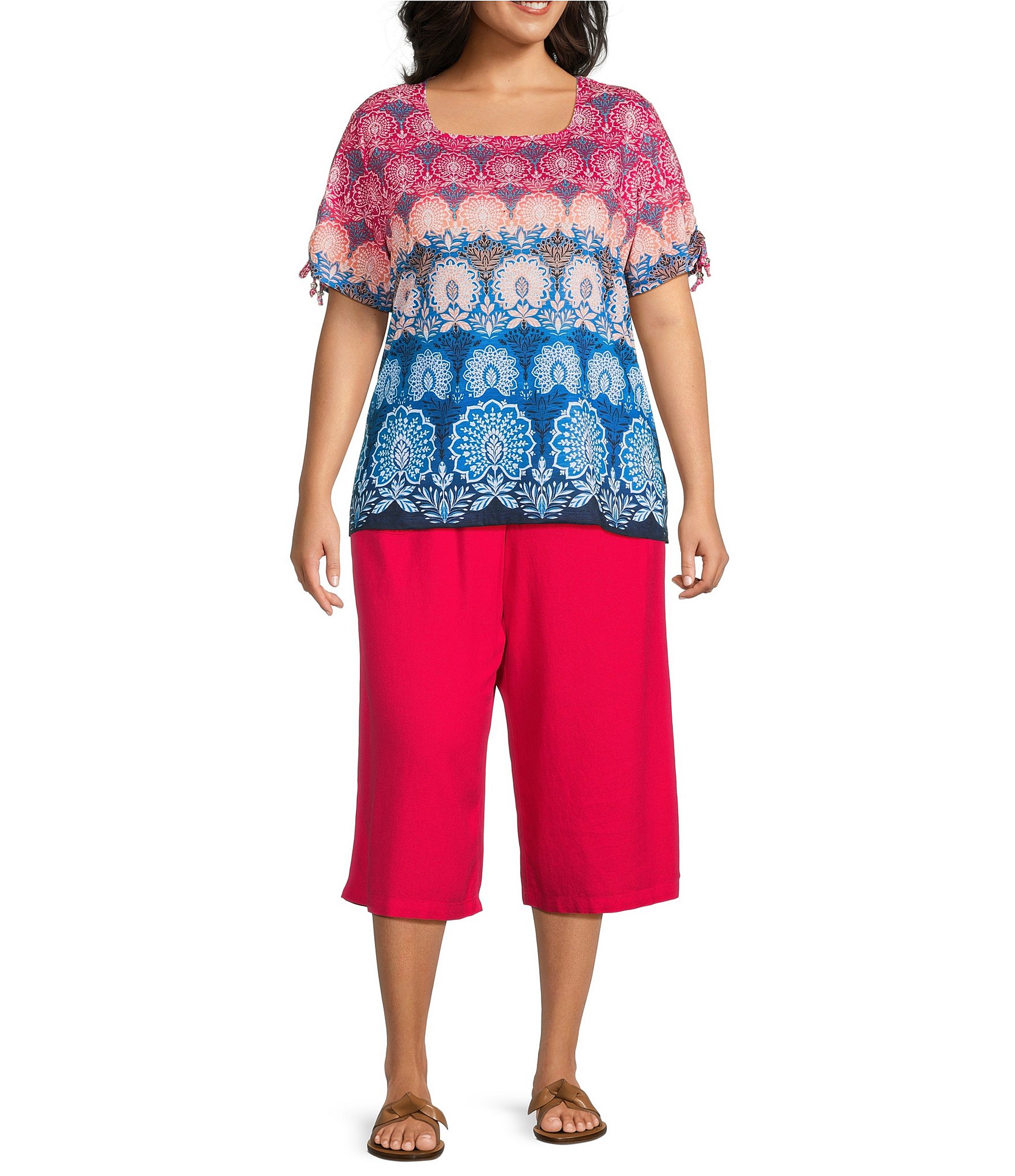 Allison Daley Plus Size Pomegranate Damask Floral Border Print Short Ruched Tie Sleeve Square Neck Knit Top