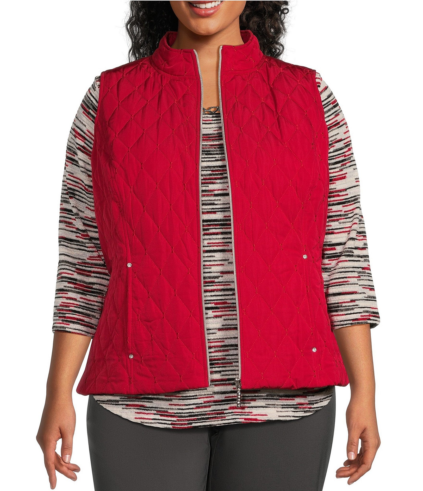 Allison Daley Plus Size Quilted Woven Stand Collar Zip Front Vest ...