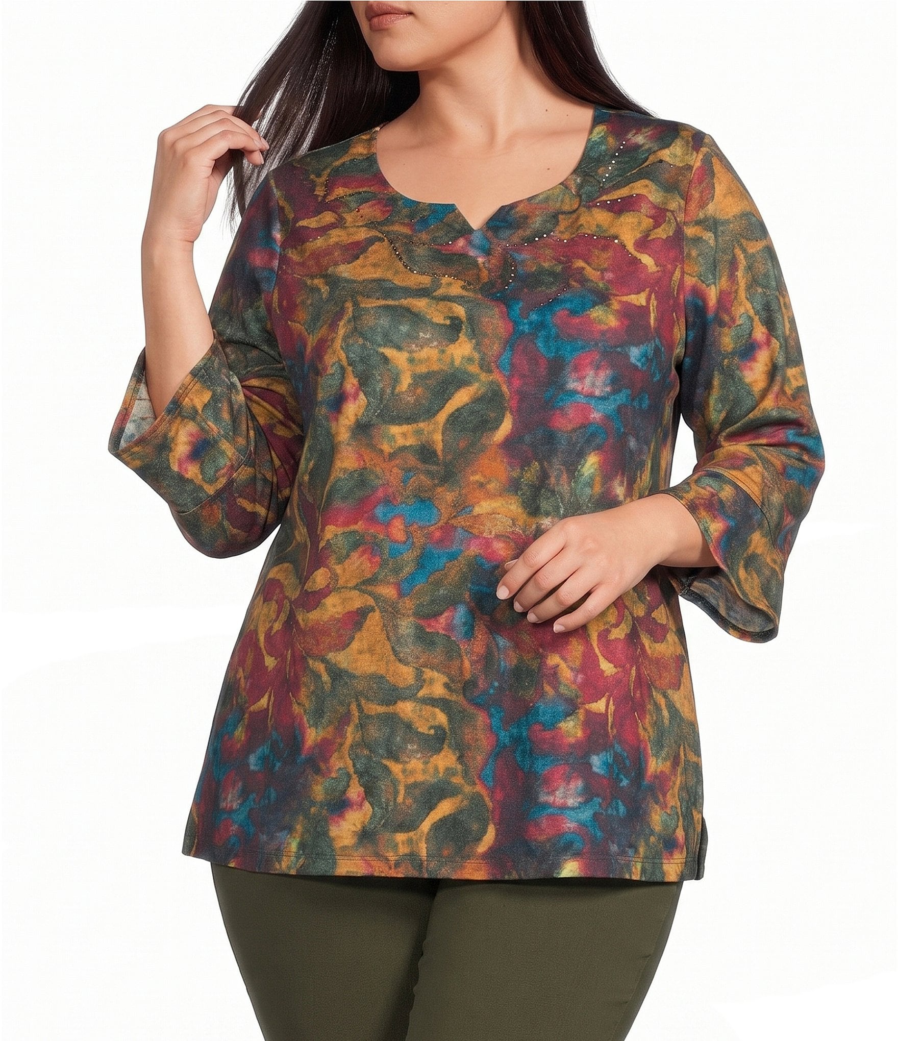 Allison Daley Plus Size Scroll Foliage Print 3/4 Flounce V-Neck Knit Top