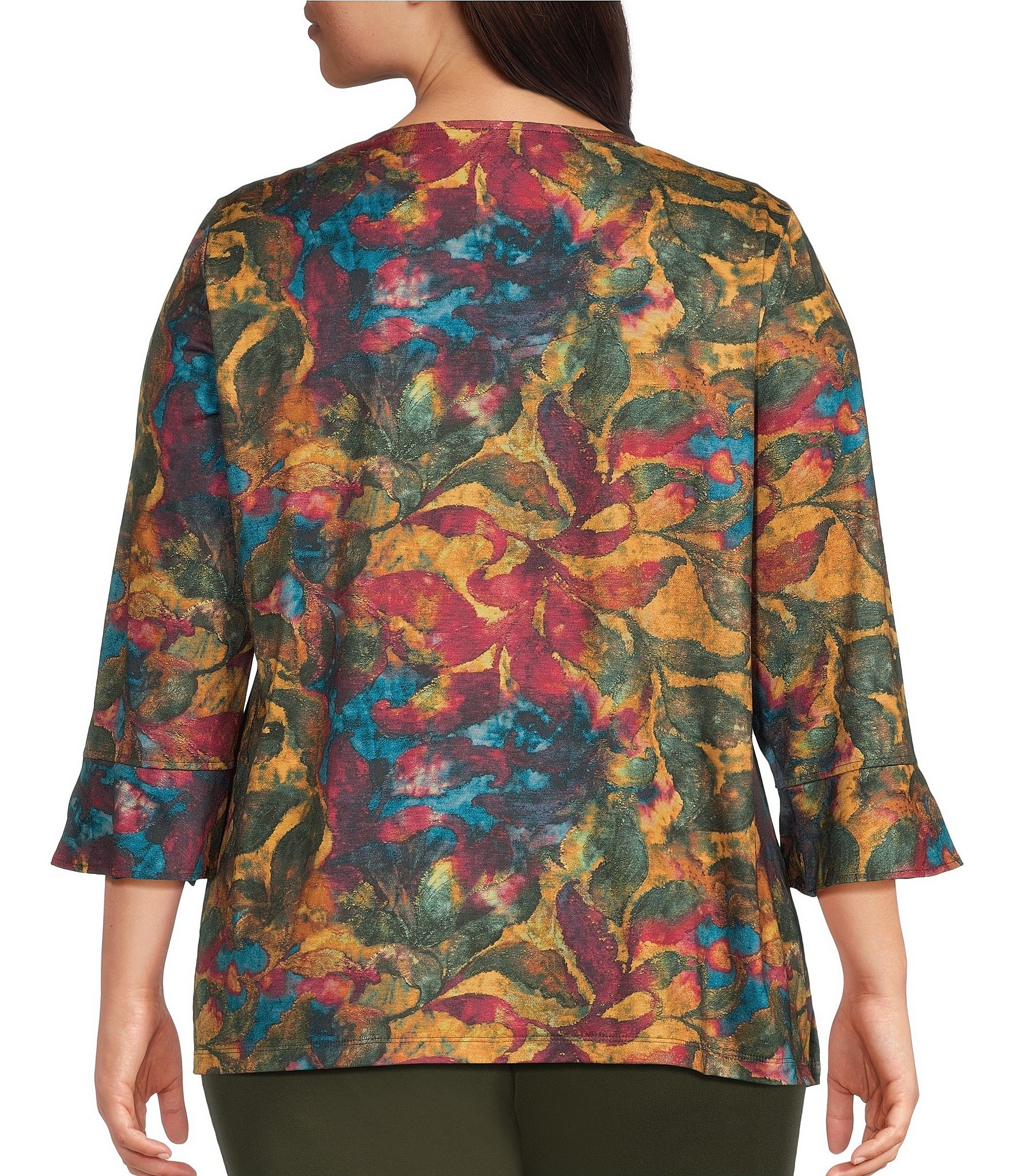 Allison Daley Plus Size Scroll Foliage Print 3/4 Flounce V-Neck Knit Top