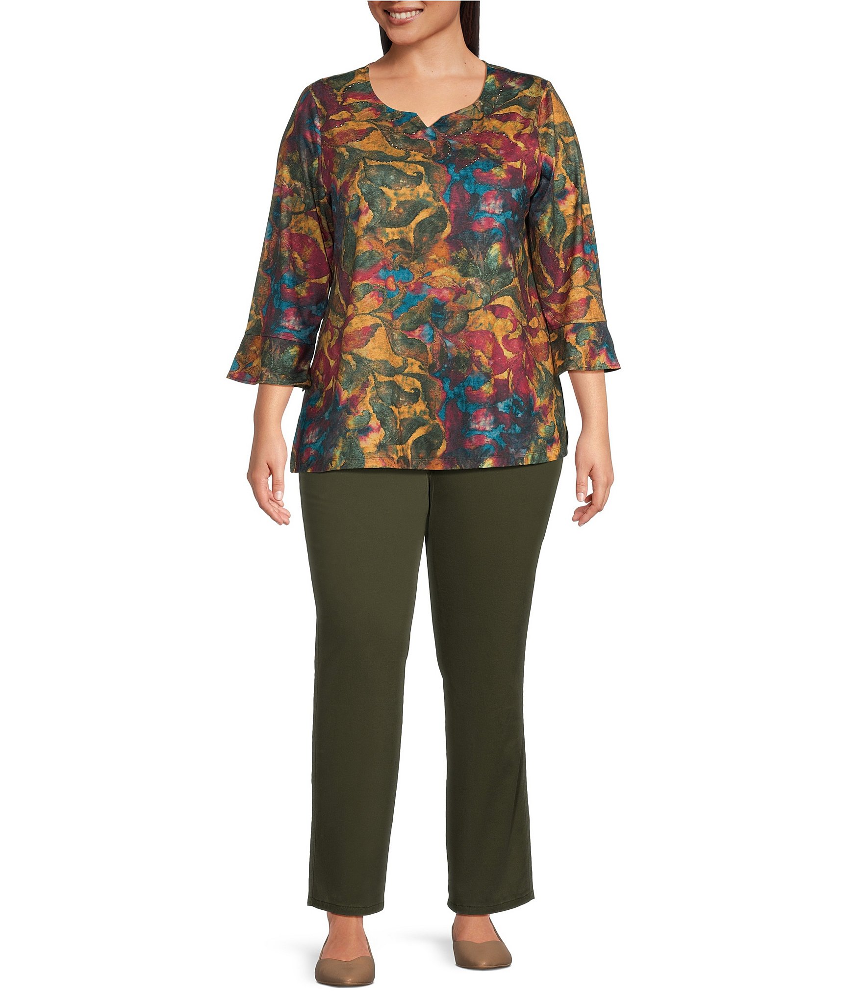 Allison Daley Plus Size Scroll Foliage Print 3/4 Flounce V-Neck Knit Top