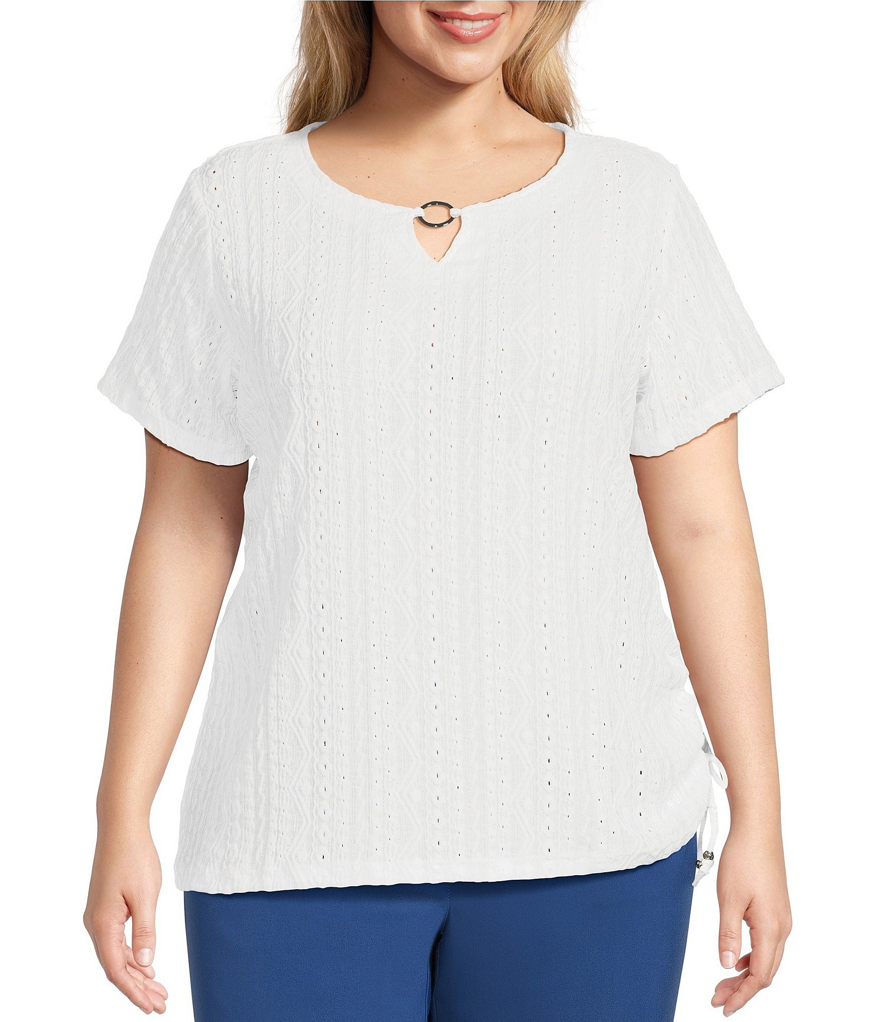 Allison Daley Plus Size Short Sleeve Keyhole Neck Side Tie Hem Knit Top ...