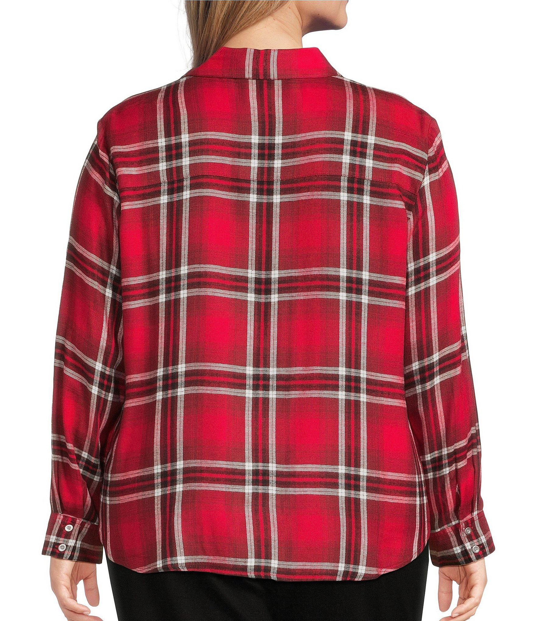 Allison Daley Plus Size Tango Red Ombre Plaid Long Sleeve Point Collar Button Front Shirt