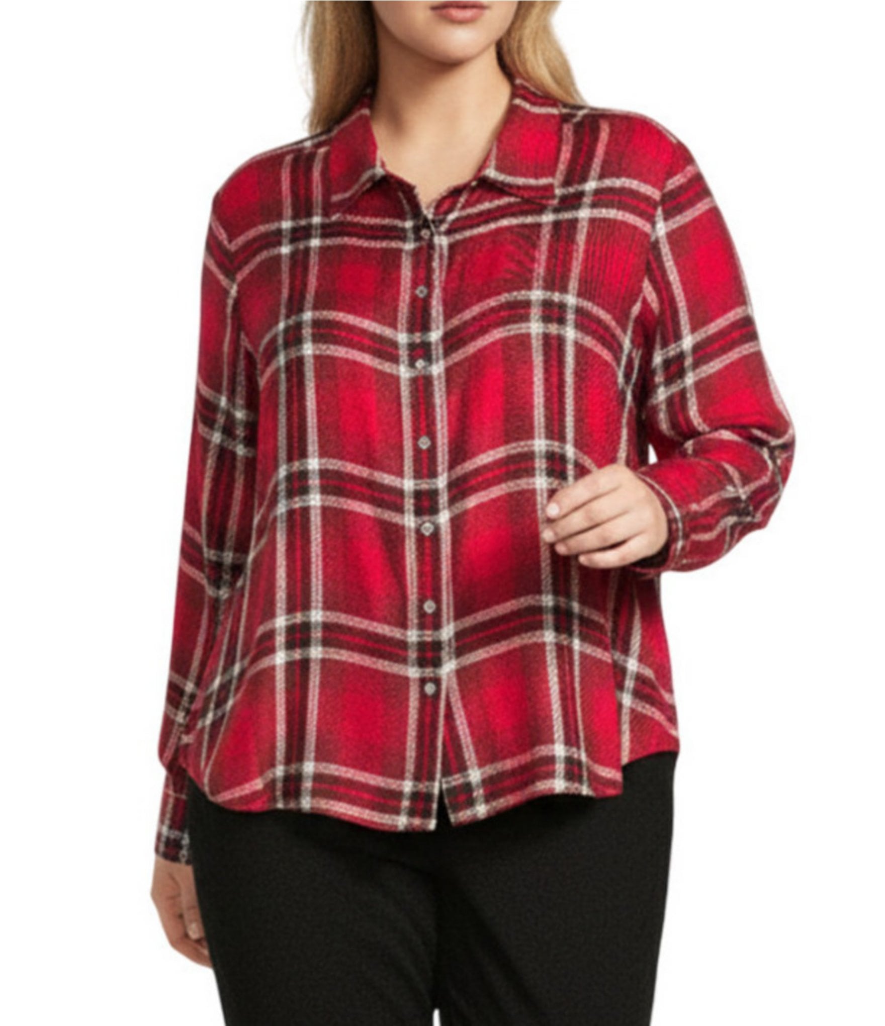 Allison Daley Plus Size Tango Red Ombre Plaid Long Sleeve Point Collar Button Front Shirt