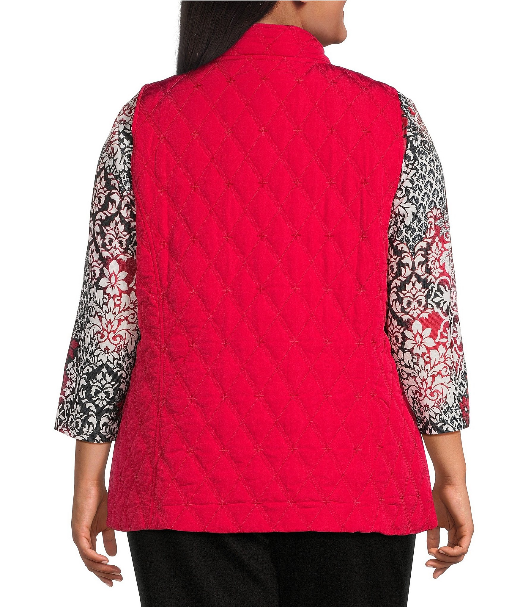 Allison Daley Plus Size Tango Red Trapunto Quilted Sleeveless Two-Way Zip-Up Vest