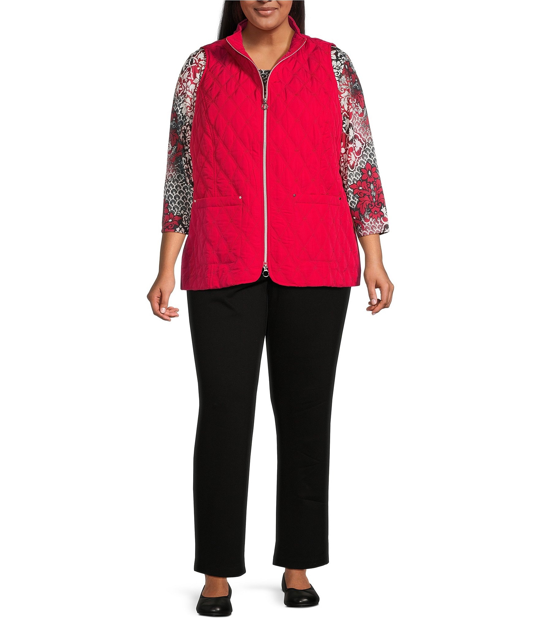 Allison Daley Plus Size Tango Red Trapunto Quilted Sleeveless Two-Way Zip-Up Vest