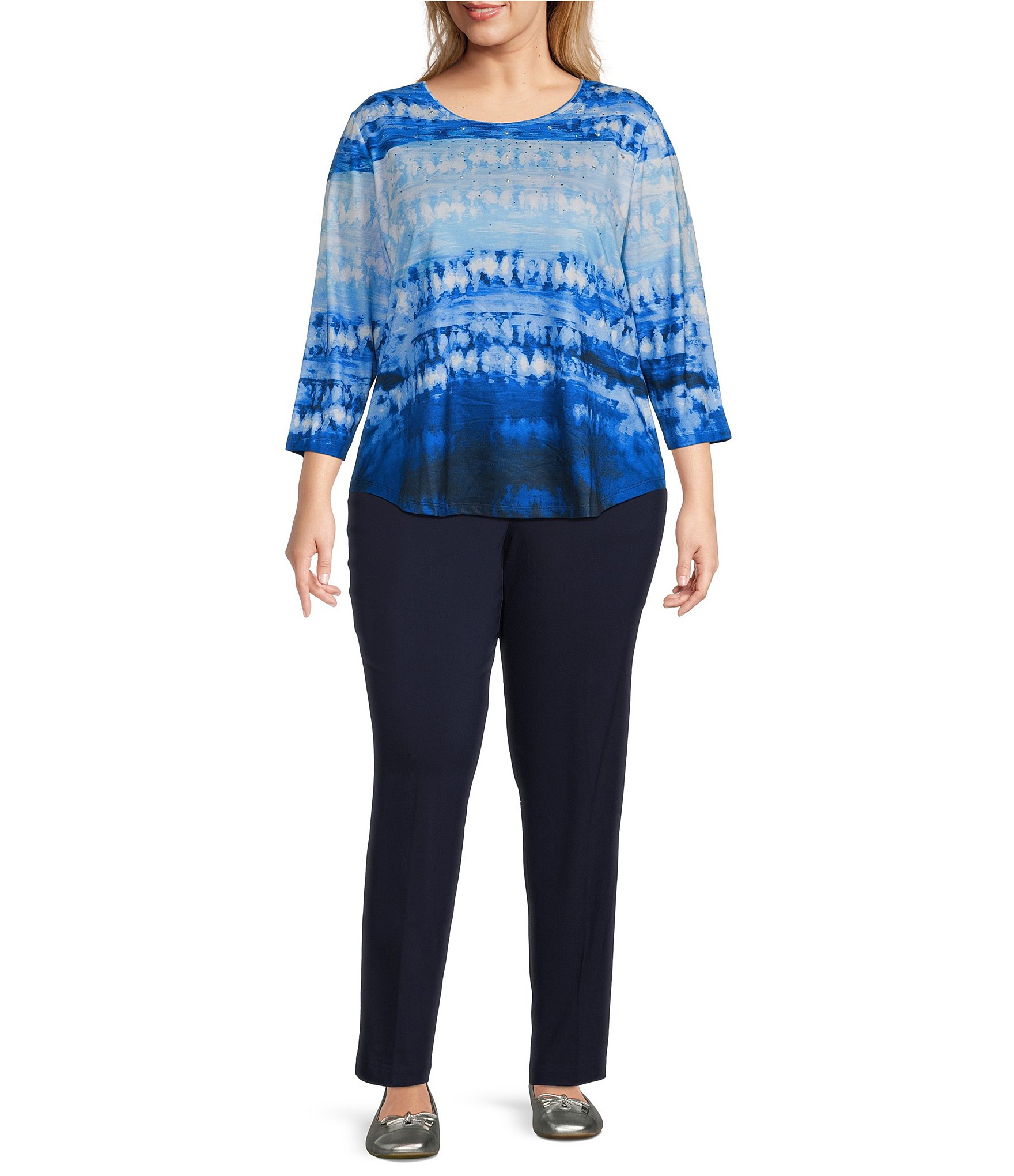 Allison Daley Plus Size Tie-Dye Print 3/4 Sleeve Crew Neck Knit Top