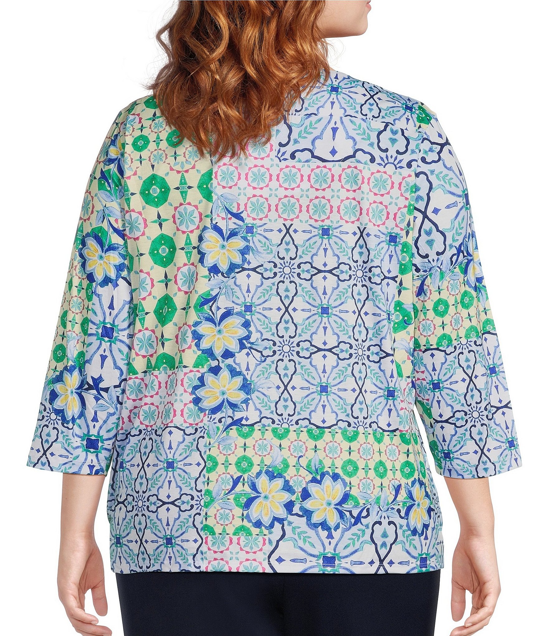 Allison Daley Plus Size Tile Block Print 3/4 Sleeve Split V-Neck Tie Hem Knit Top