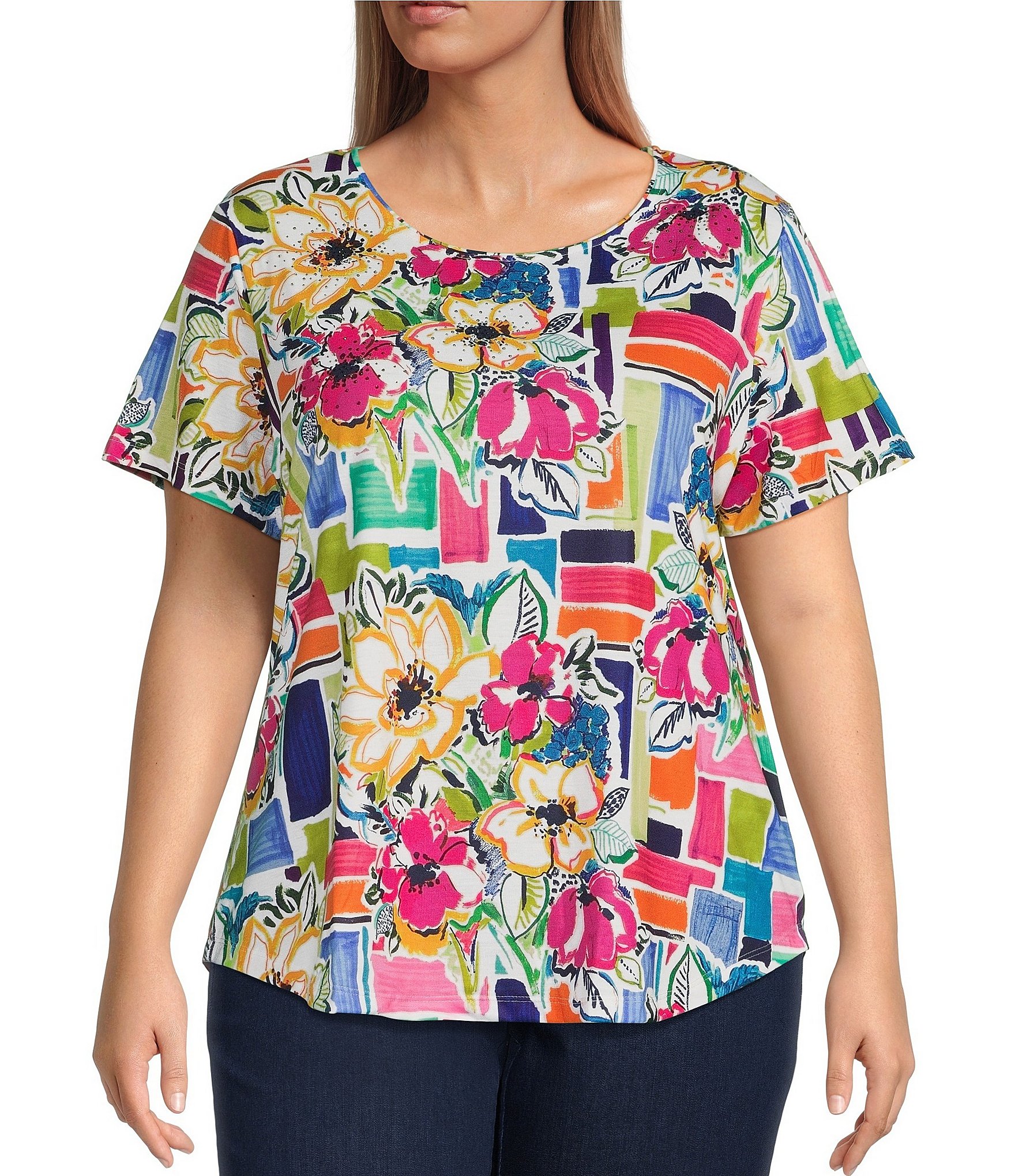 Allison Daley Plus Size Tile Bouquet Print Embellished Short Sleeve ...