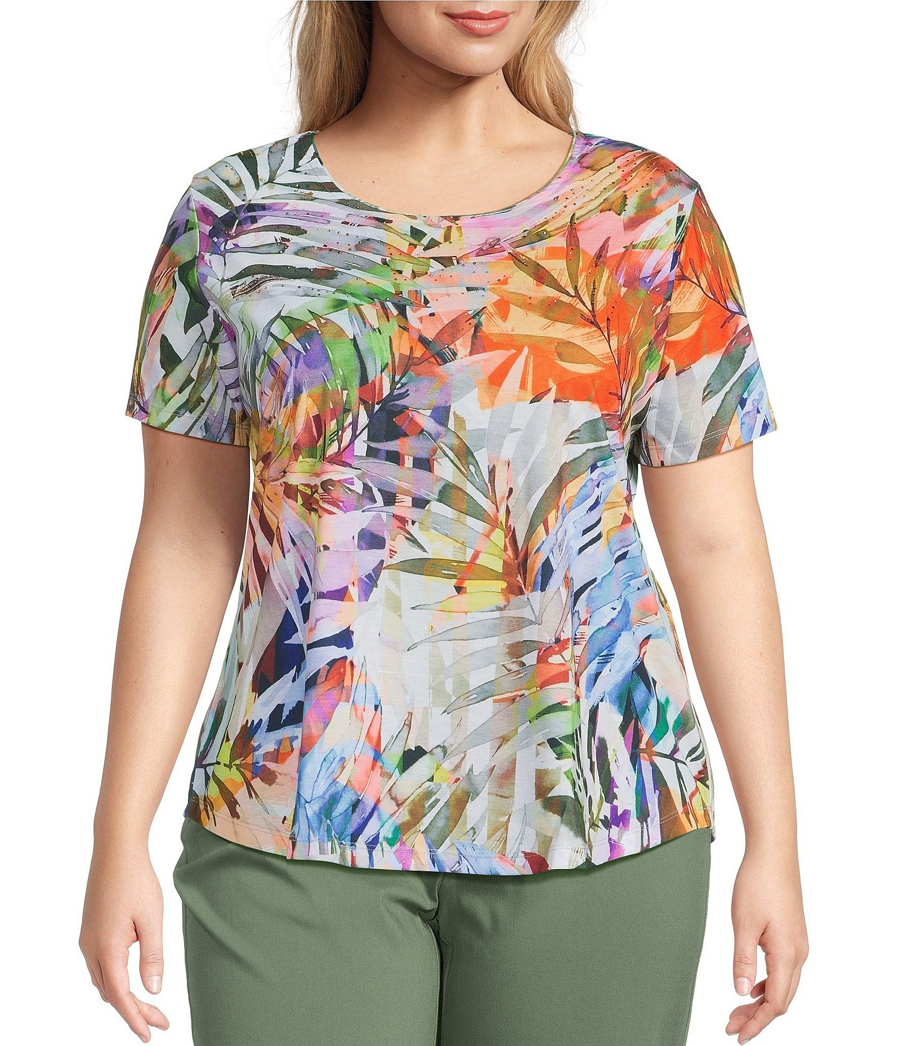 Allison Daley Plus Size Tropical Melange Print Short Sleeve