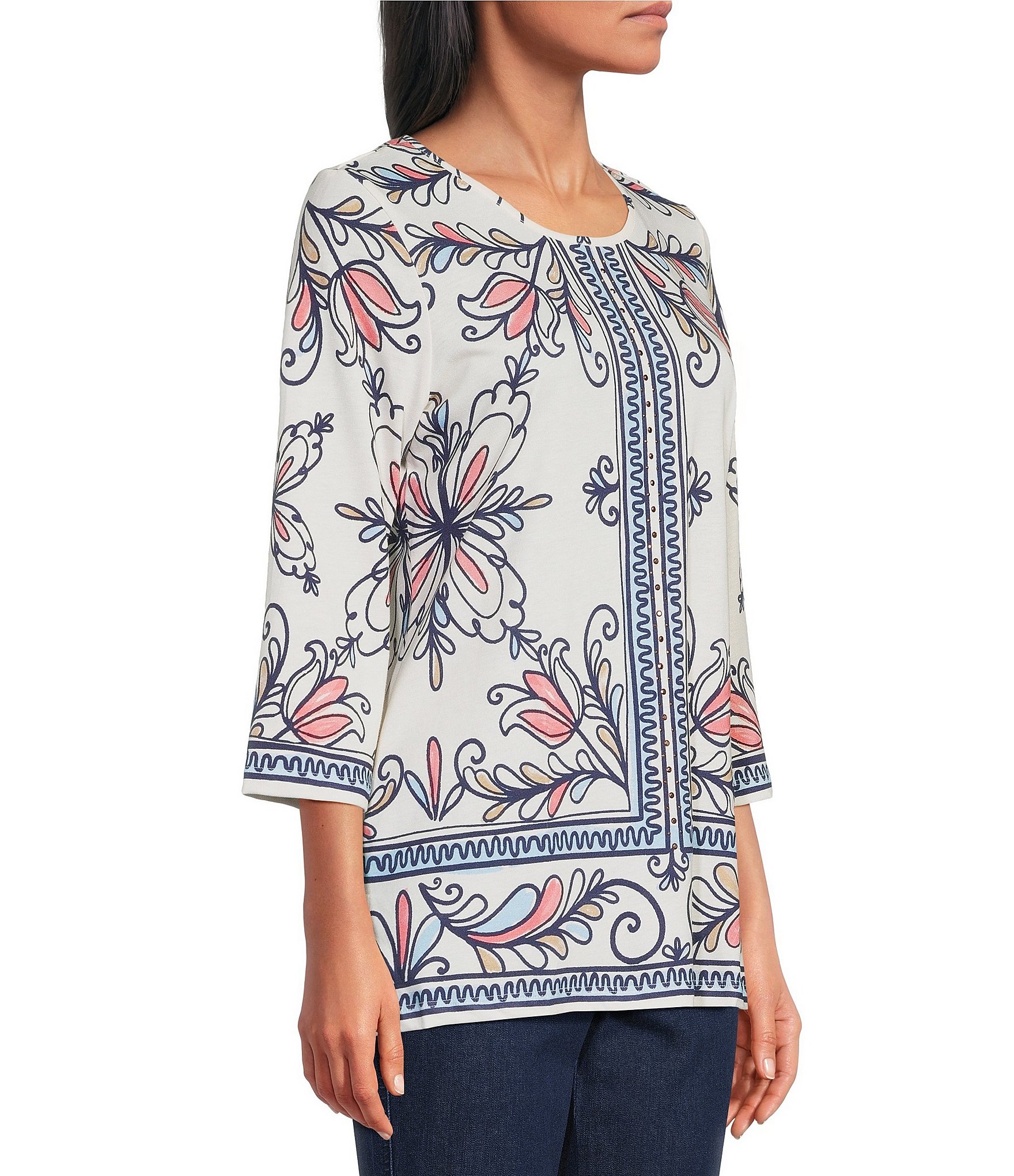 Allison Daley Plus Sze Multi Floral Muse Print 3/4 Bell Sleeve Crew Neck Top