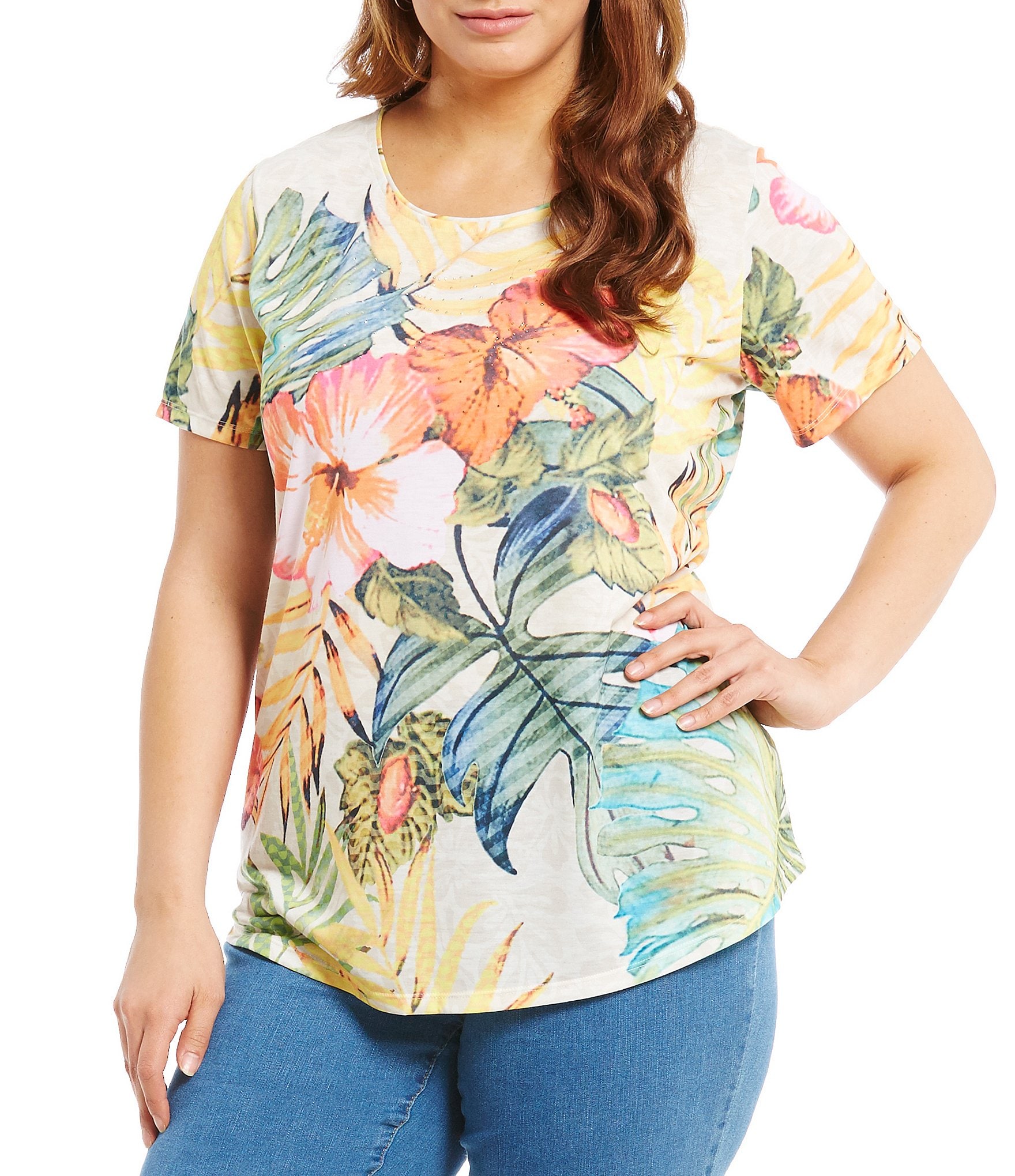 Allison Daley Plus Wide Crew Neck Embellished Hibiscus Print Knit Top ...