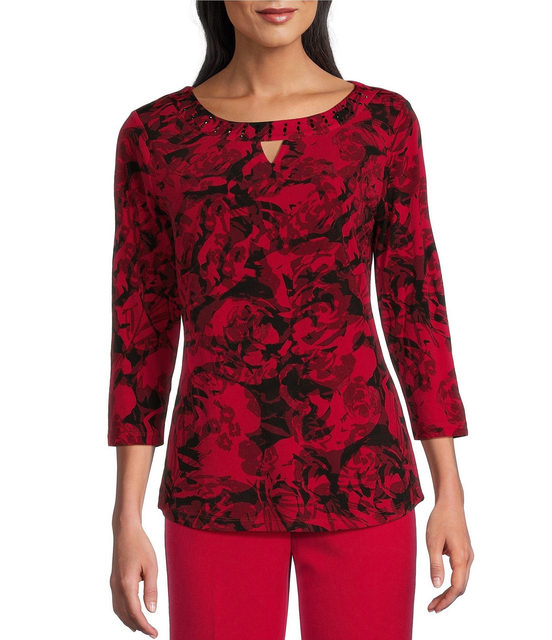 Allison Daley Rose Garden Print 3/4 Sleeve Keyhole Neck Knit Top ...