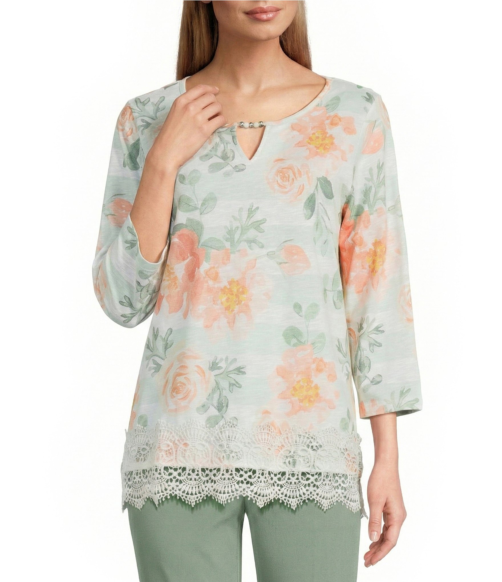 Allison Daley Roses Stripe Print 3/4 Sleeve Keyhole Neck Top