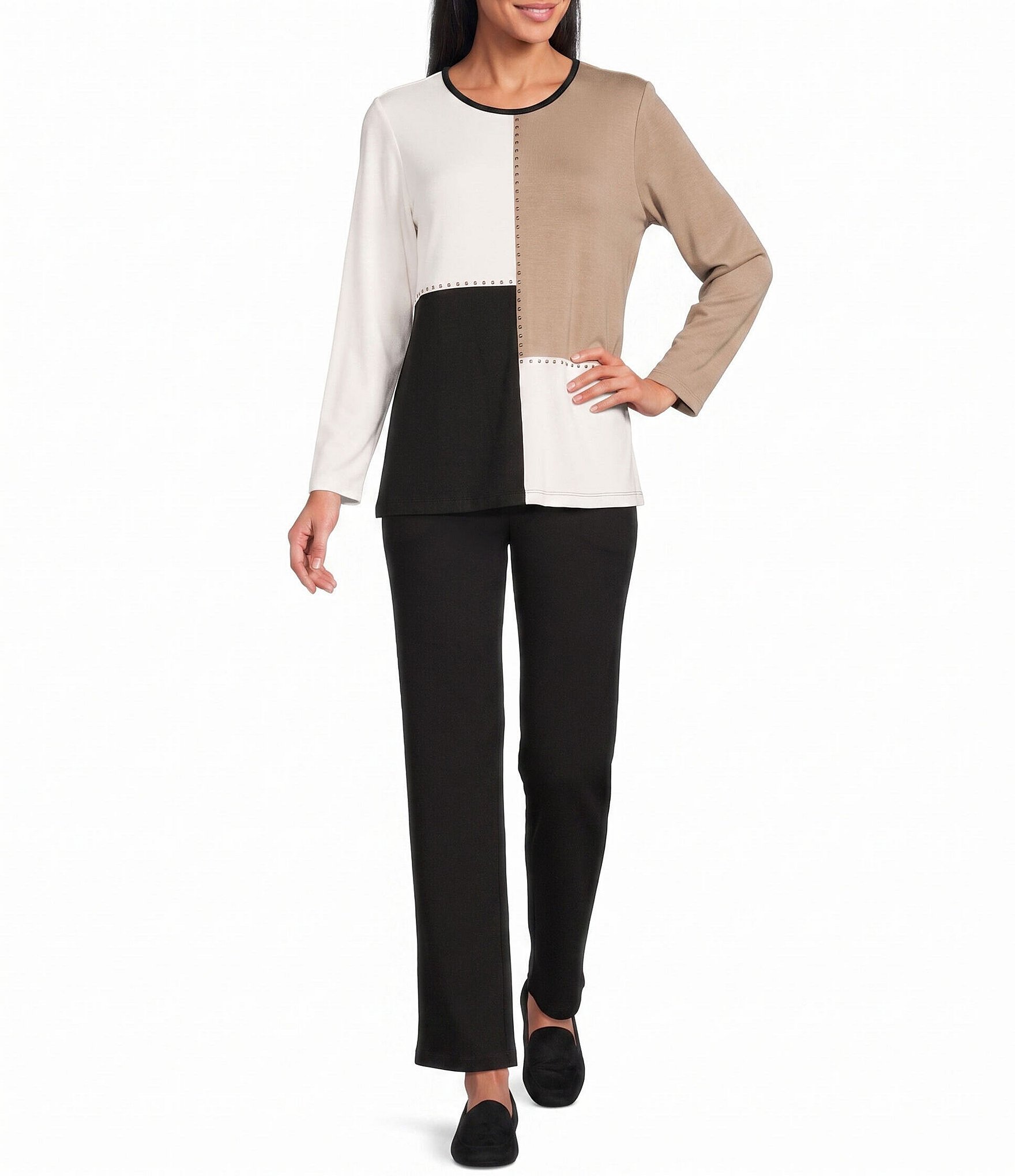 Allison Daley Scuba Knit 3/4 Sleeve Crew Neck Embellished Top