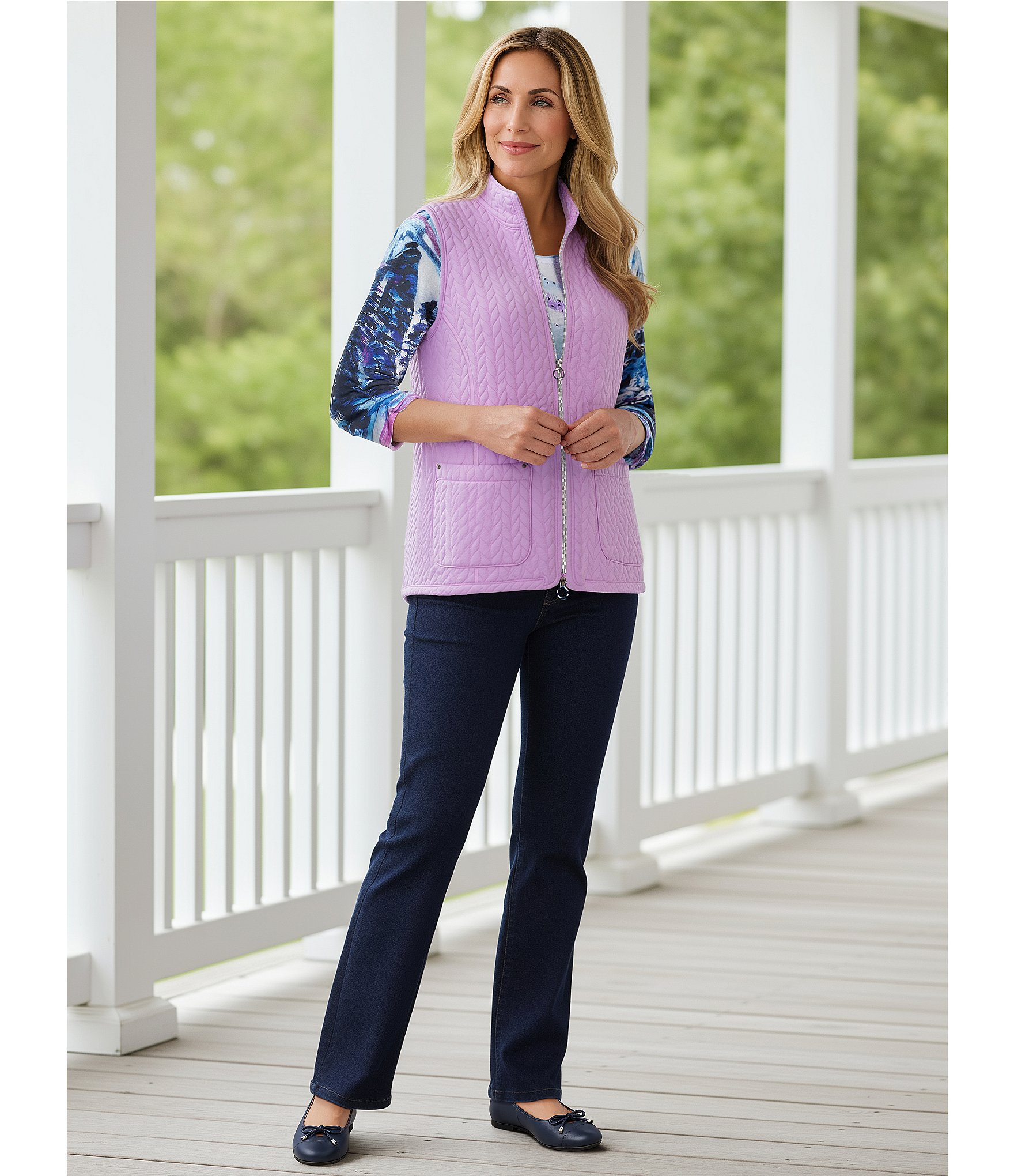 Allison Daley Sheer Lilac Sleeveless Two Way Zip Up Knit Quilted Vest