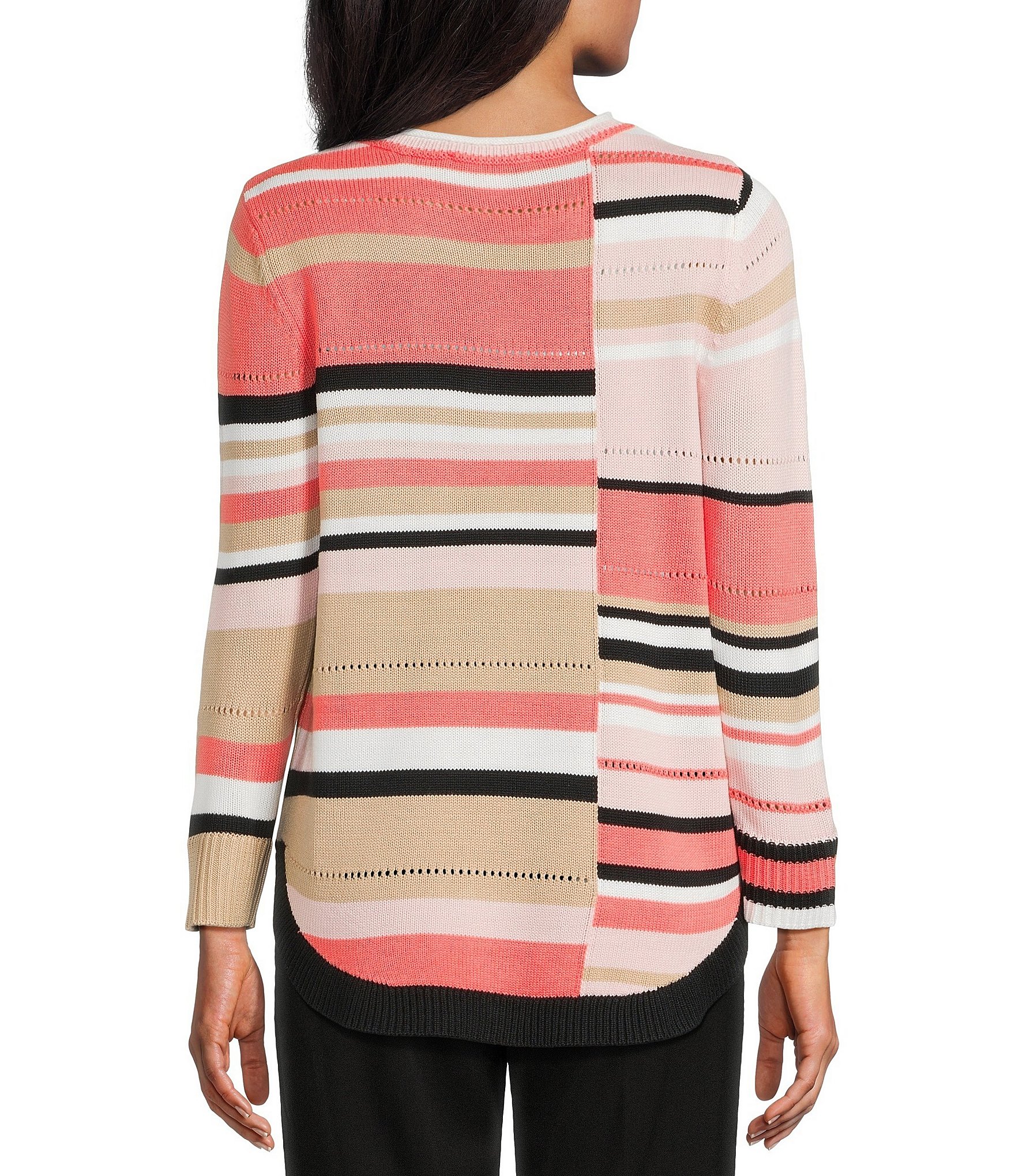 Allison Daley Stripe 3/4 Sleeve Crew Neck Curve Hem Sweater