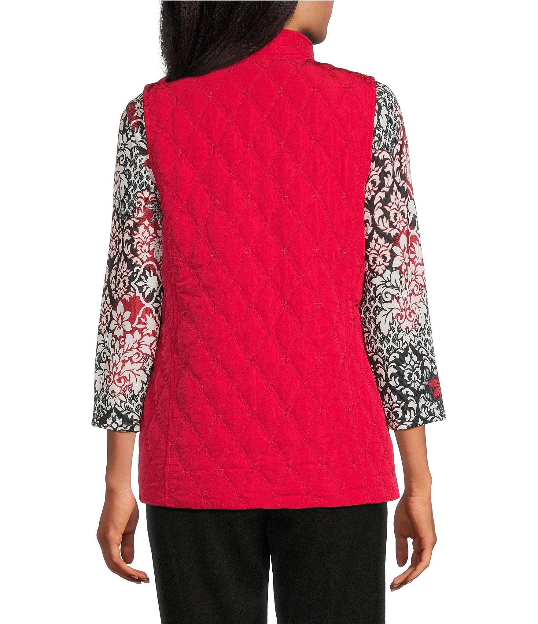 Allison Daley Tango Red Trapunto Quilted Sleeveless Two-Way Zip-Up Vest