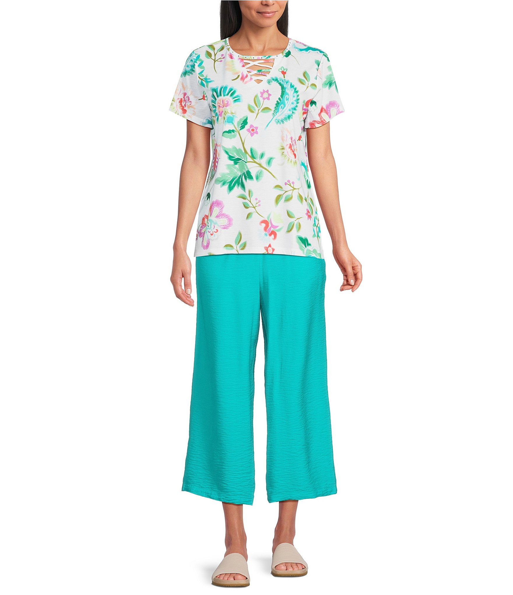 Allison Daley Teal Ceramic Pull-On Crinkle Soft Pants