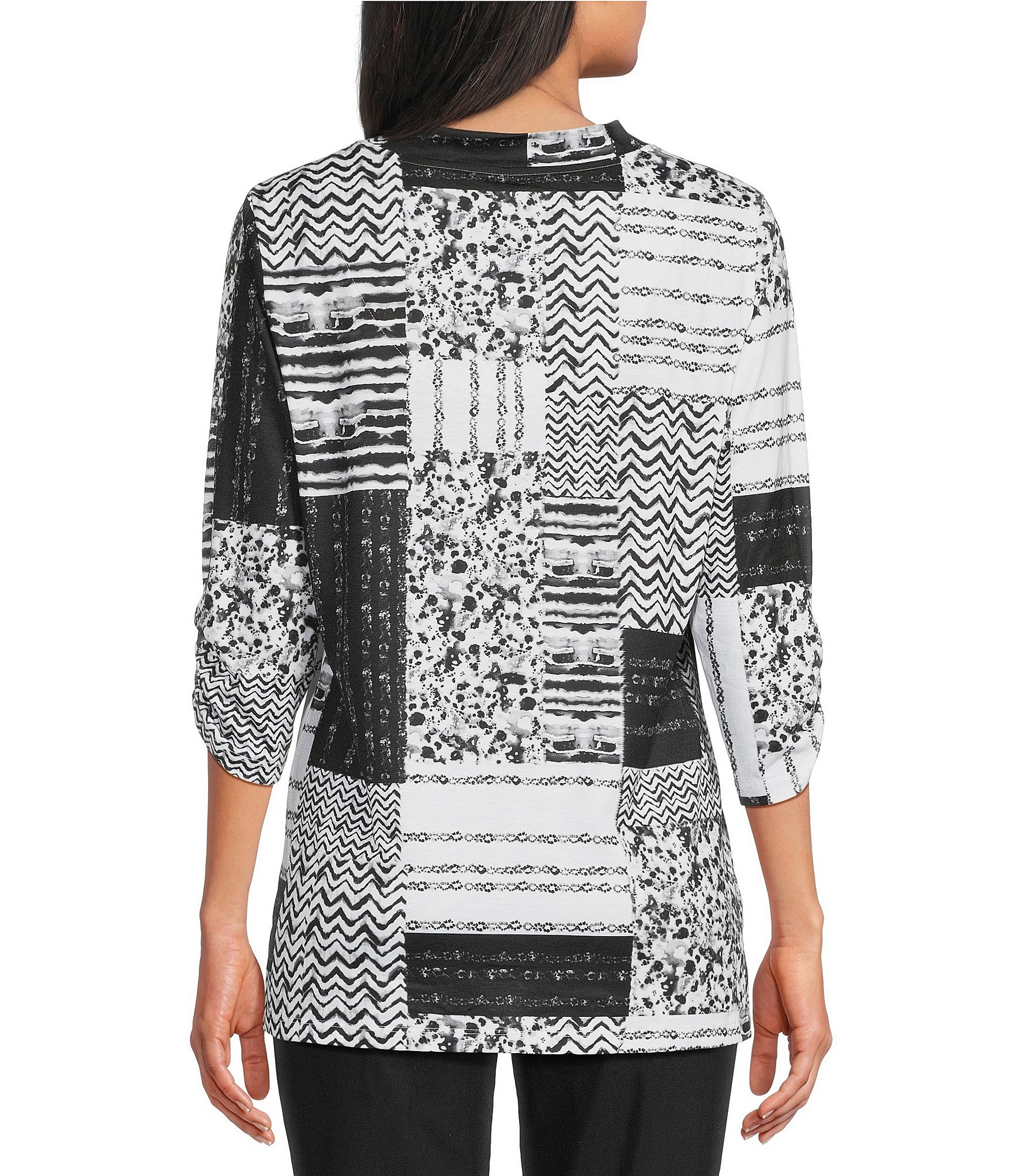 Allison Daley Texture Patchwork Print 3/4 Sleeve V-Neck Knit Top