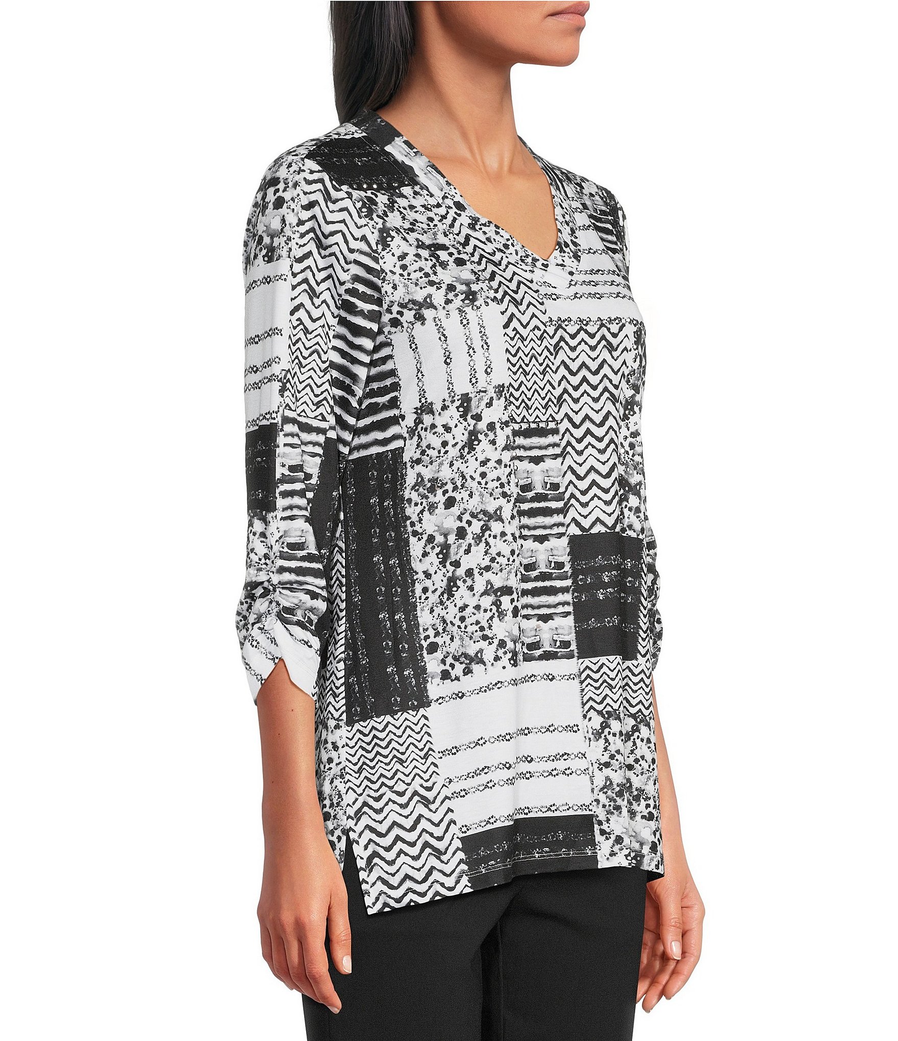 Allison Daley Texture Patchwork Print 3/4 Sleeve V-Neck Knit Top