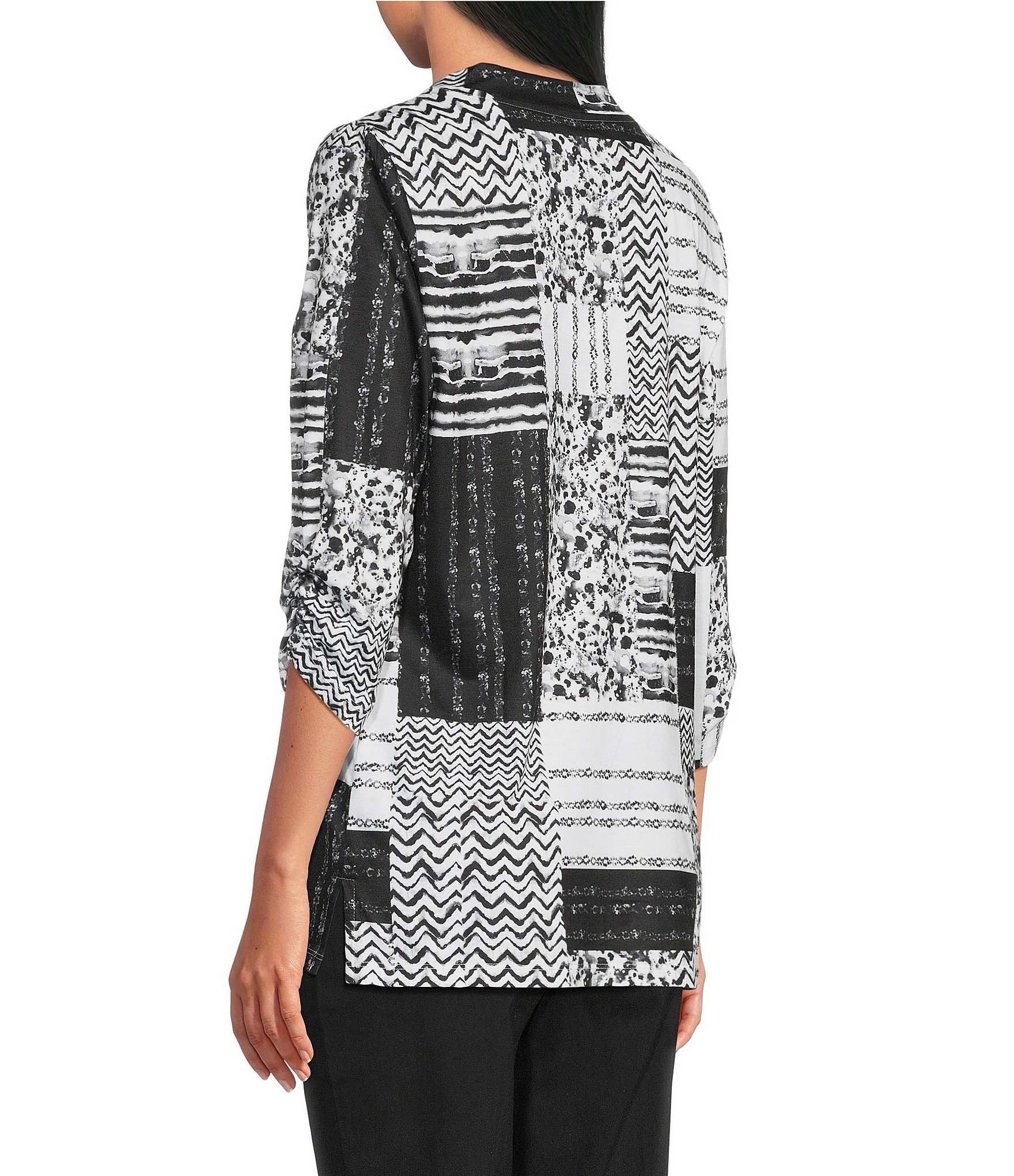 Allison Daley Texture Patchwork Print 3/4 Sleeve V-Neck Knit Top