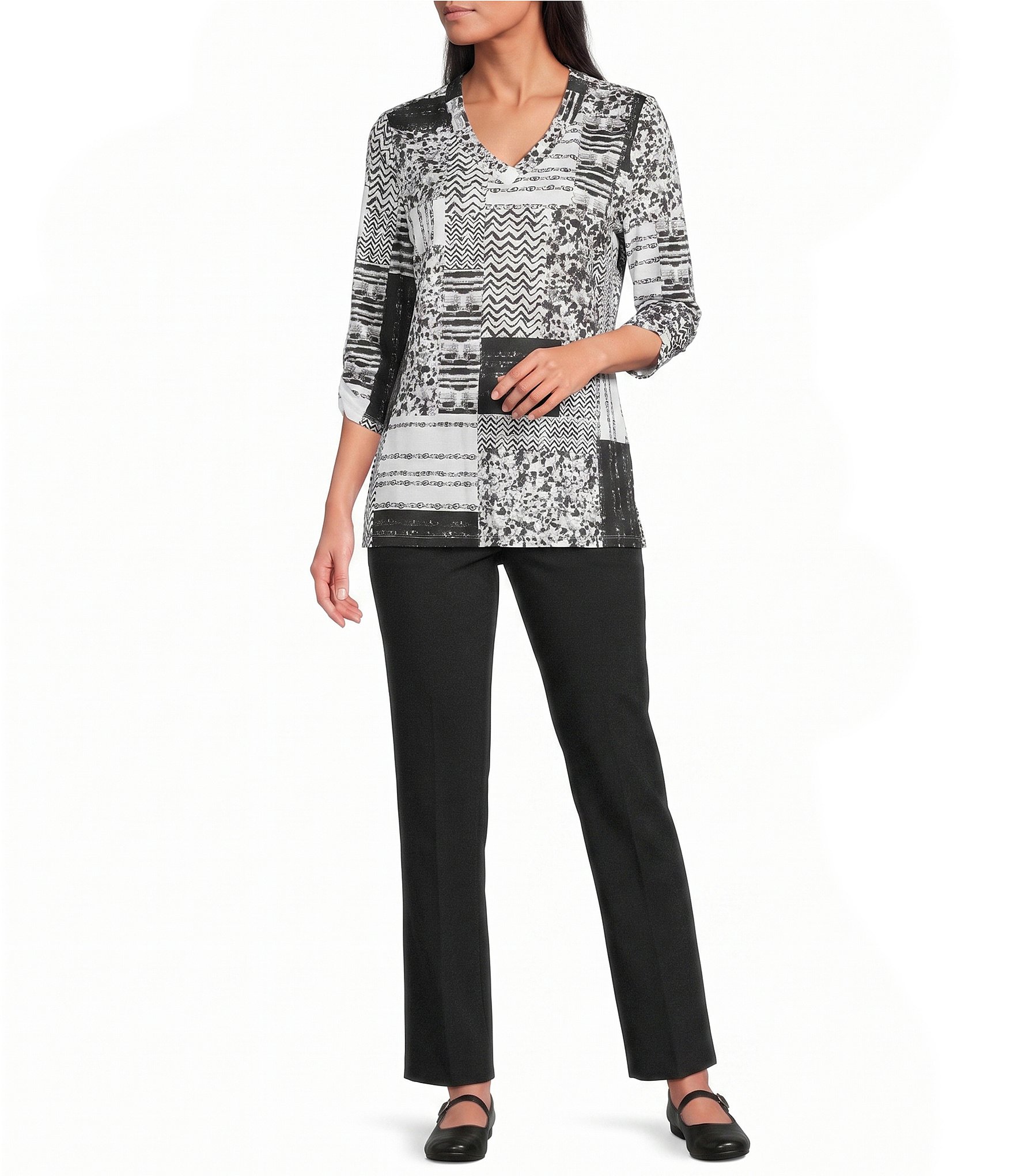 Allison Daley Texture Patchwork Print 3/4 Sleeve V-Neck Knit Top