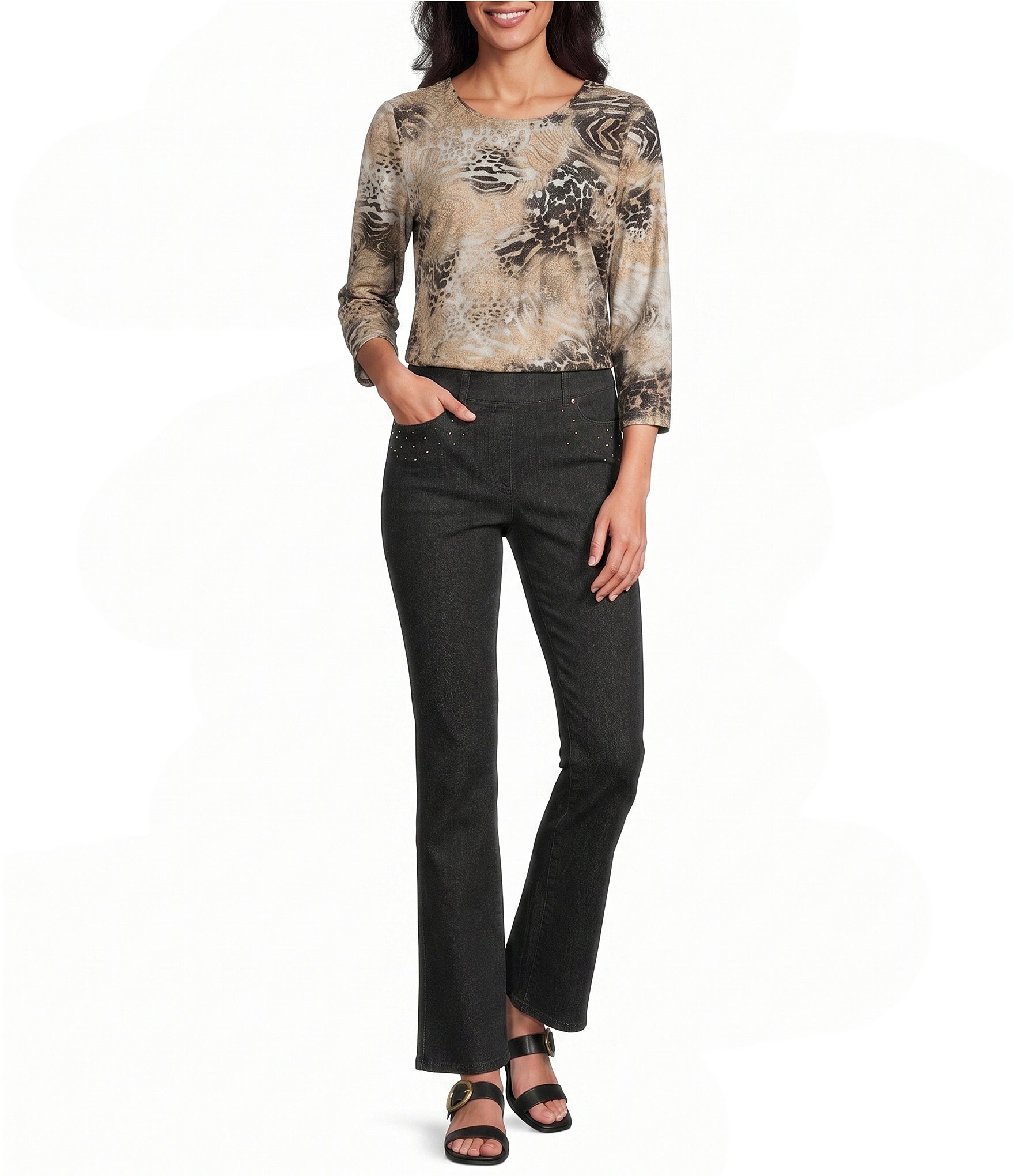 Allison Daley Burnout 3/4 Sleeve Crew Neck Knit Top