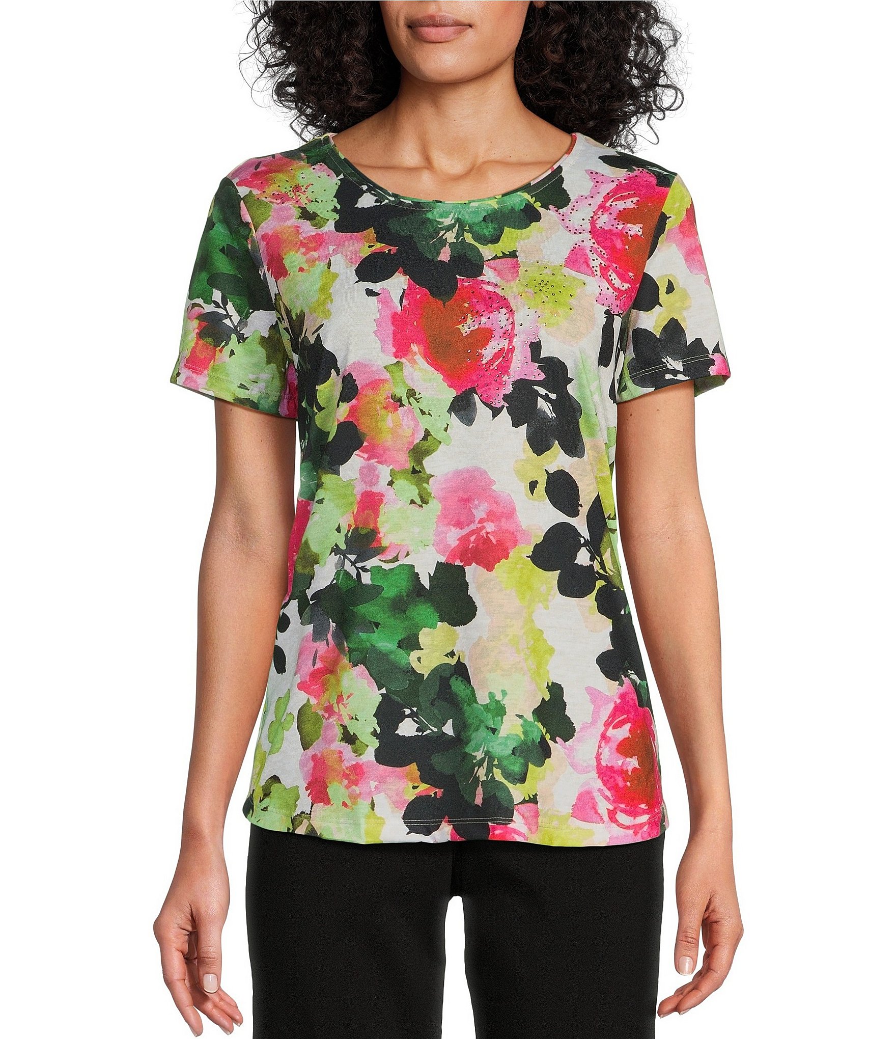 Allison Daley Watercolor Rose Print Embellished Short Sleeve Crew Neck ...