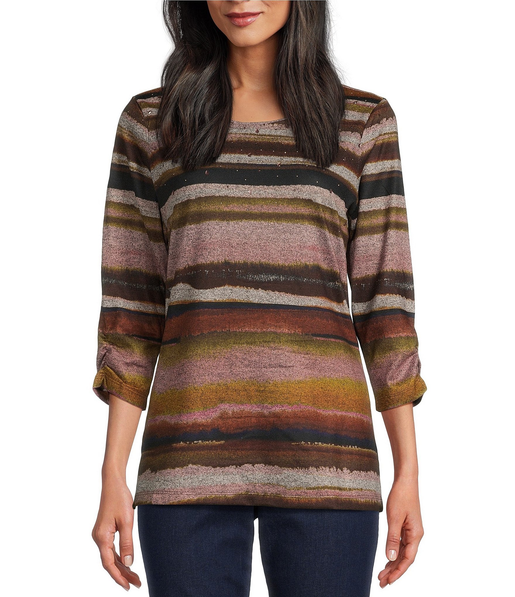 Allison Daley Watercolor Stripe Print Embellished 3/4 Ruched Sleeve Crew Neck Abstract Tee Shirt