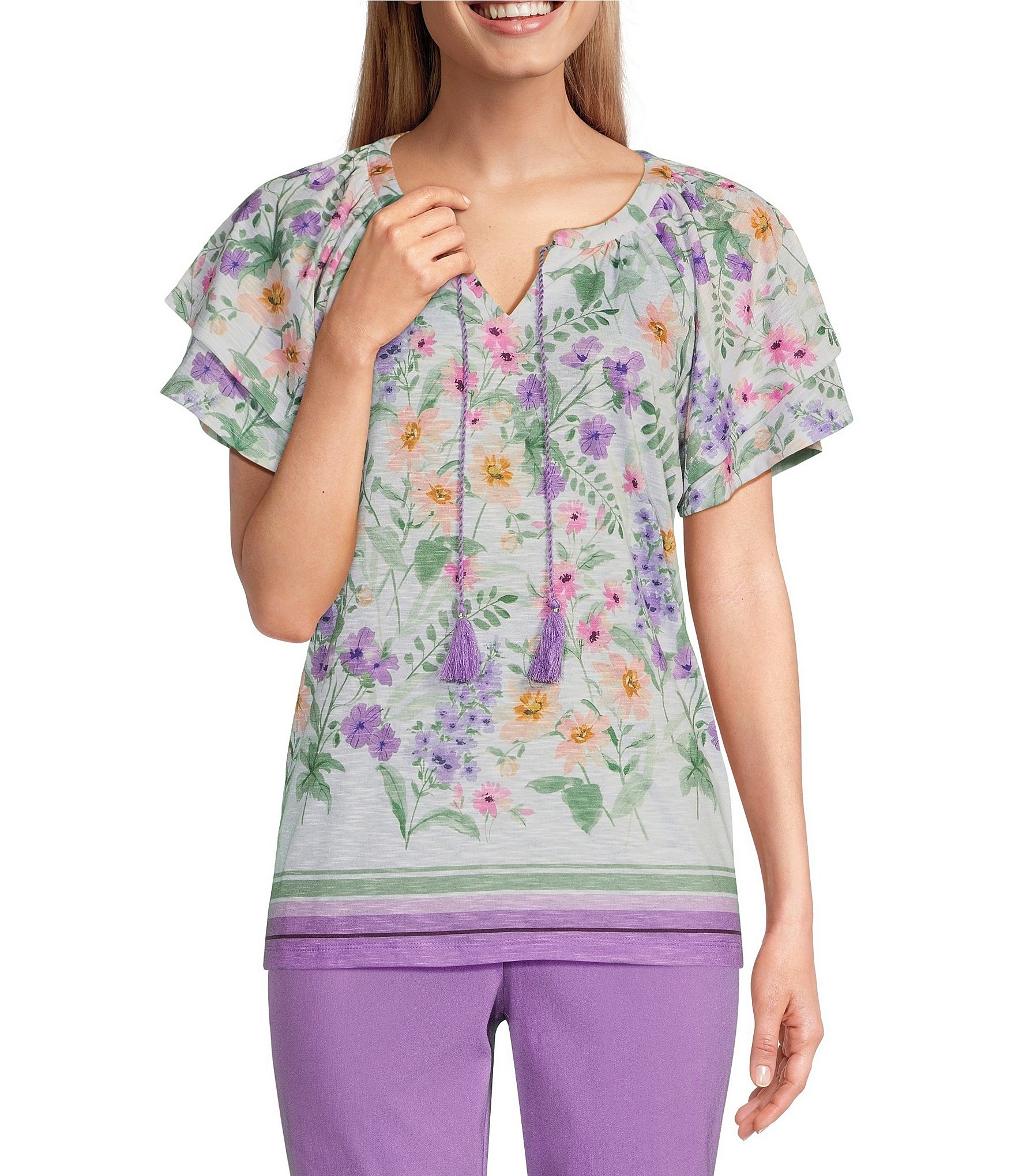 最安 Allison Daley Wildflower Border Print Flutter Sleeve Tassel トップス