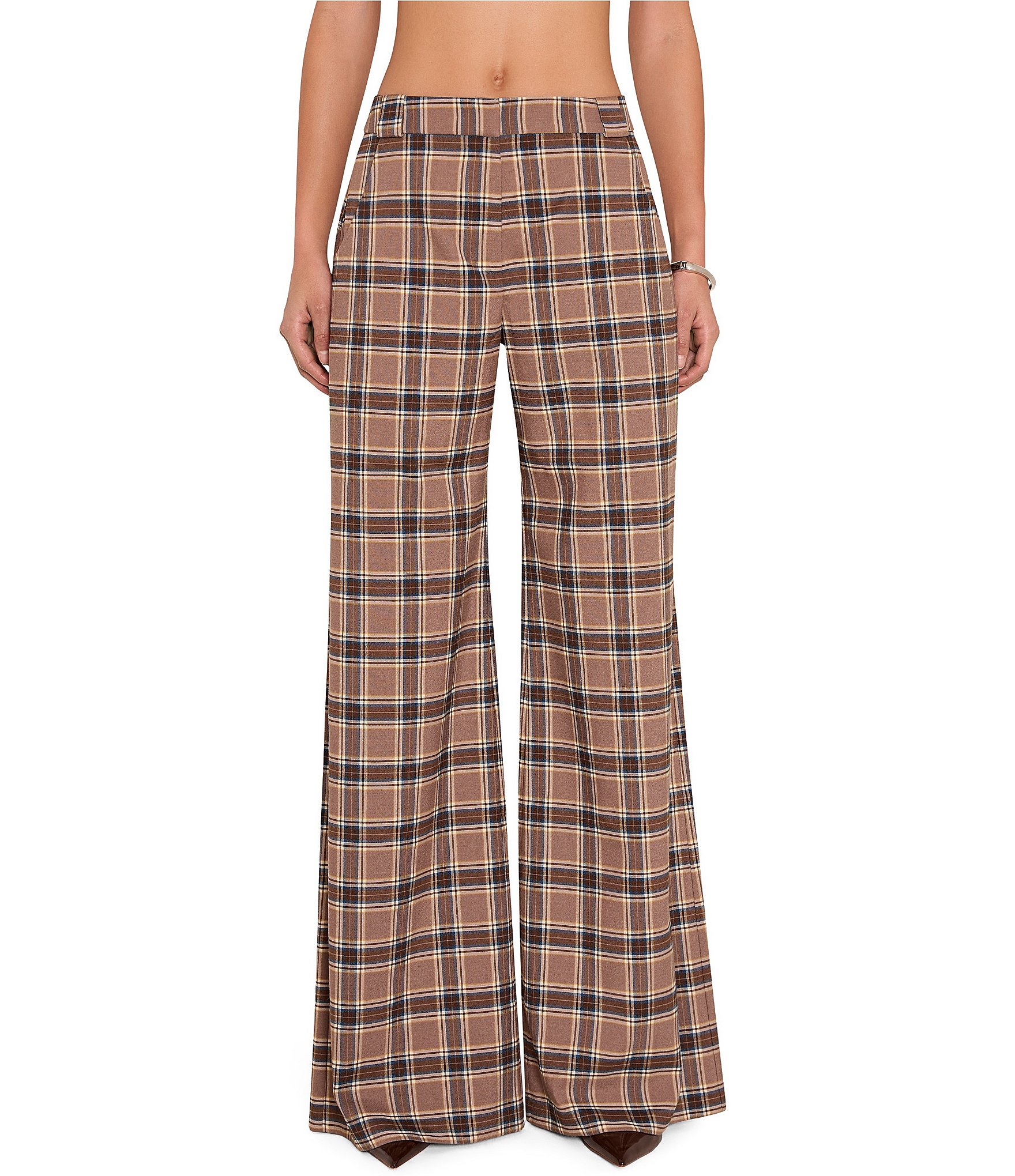 Amanda Uprichard Soft Tropical Wool Plaid Saddler Wide-Leg Coordinating Pants