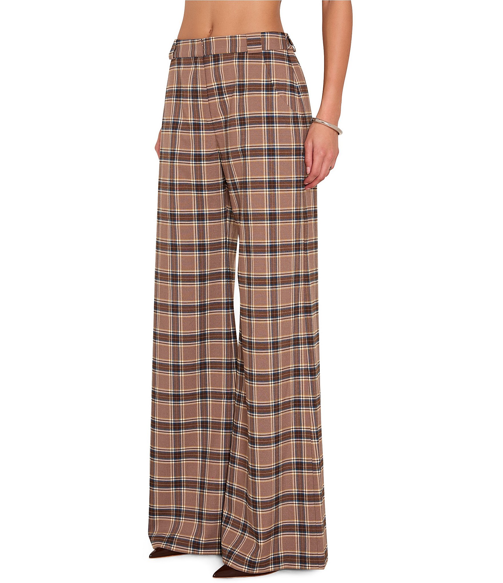 Amanda Uprichard Soft Tropical Wool Plaid Saddler Wide-Leg Coordinating Pants