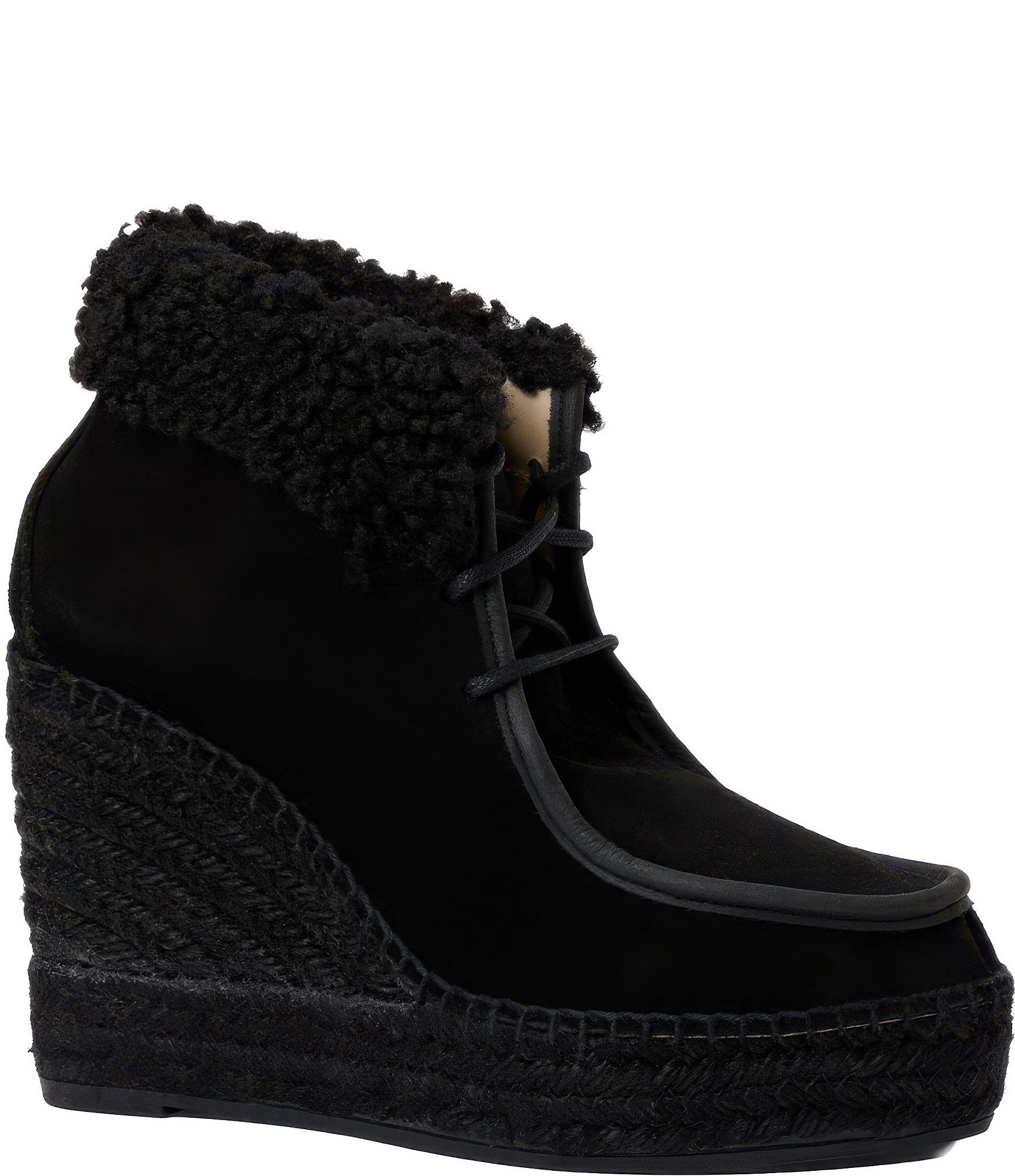 Andre Assous Charlotte Suede Faux Shearling Cuff Platform Wedge Booties