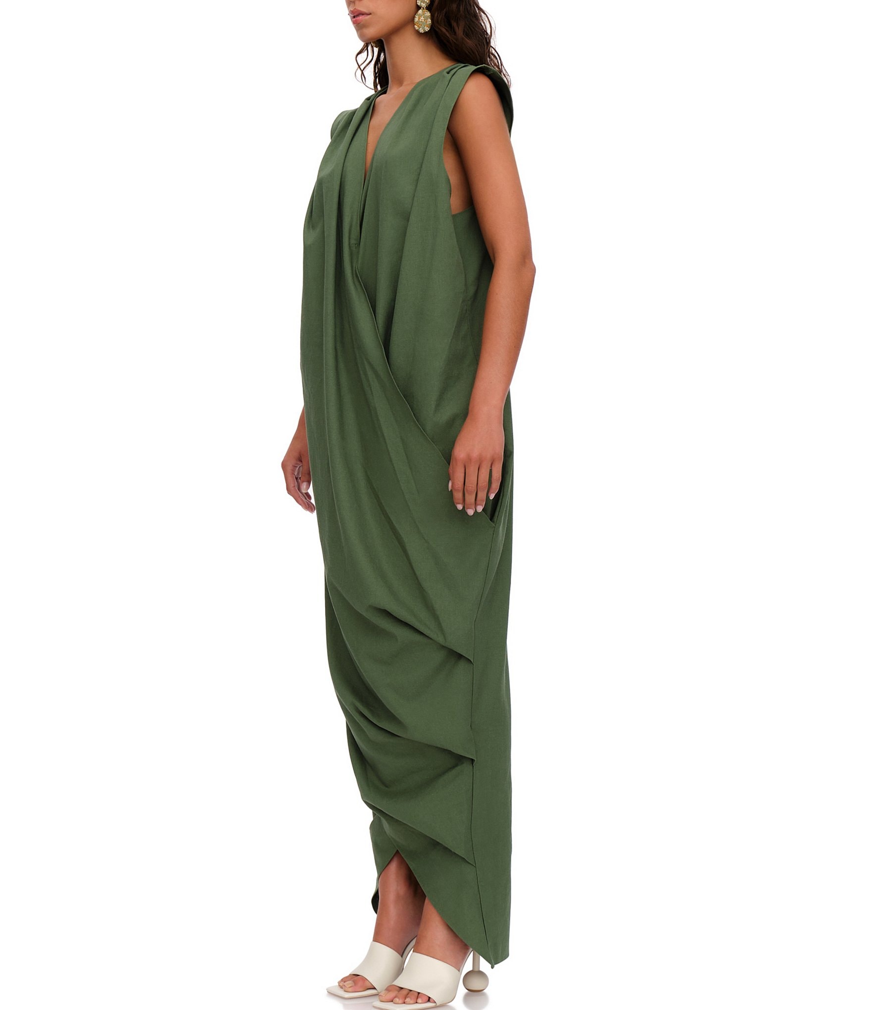 Andrea Iyamah Sayo Linen-Blend Surplice V-Neck Sleeveless Crossover Pleated Kaftan Dress