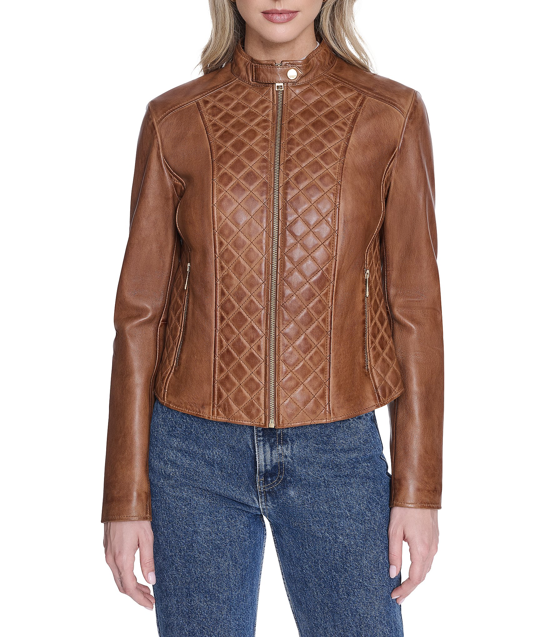 Andrew Marc Marlette Lambskin Leather Stand Collar Zip Front Moto Jacket