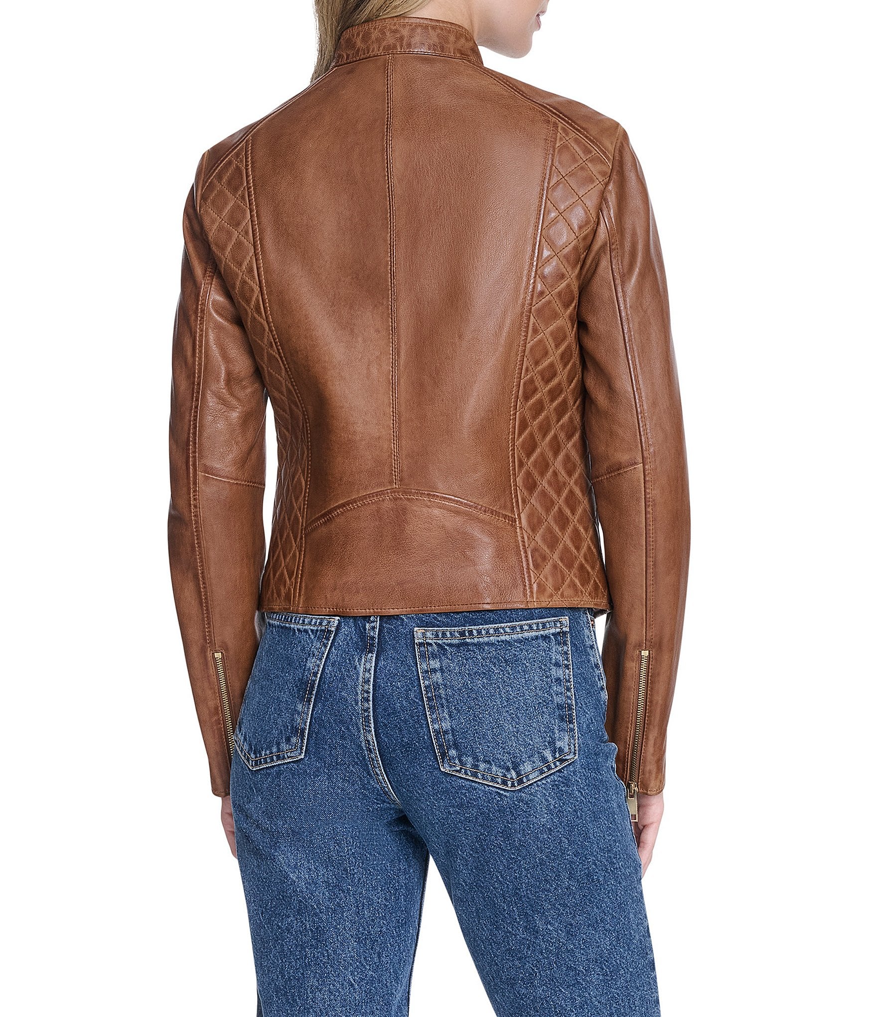 Andrew Marc Marlette Lambskin Leather Stand Collar Zip Front Moto Jacket